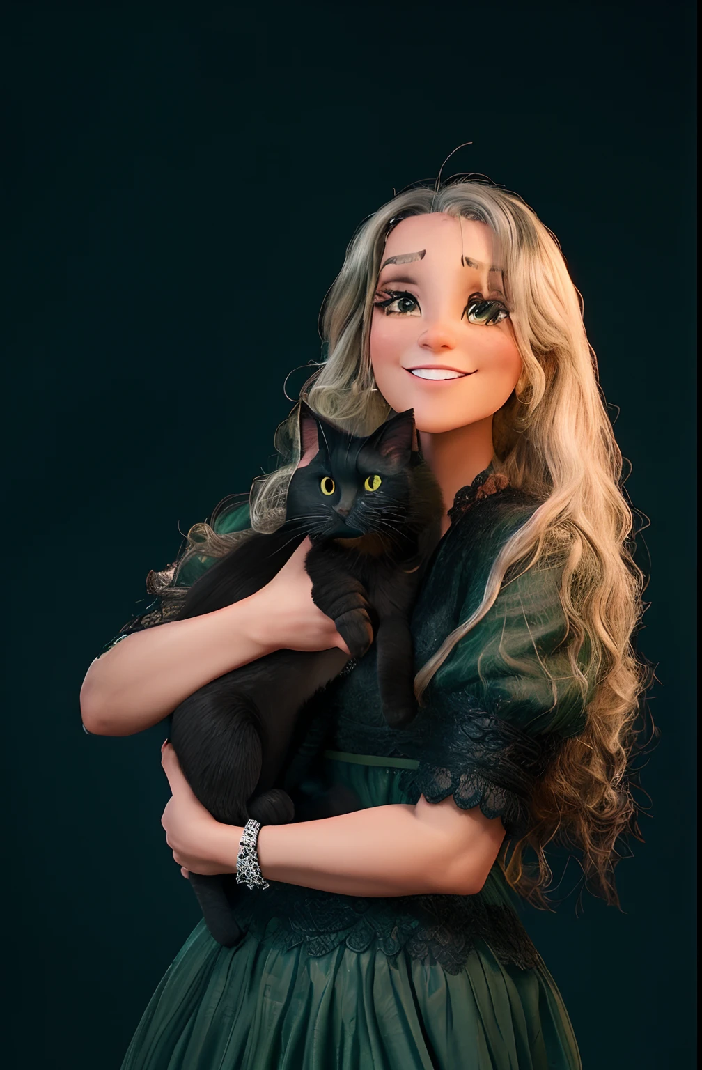 Obra-prima, de melhor qualidade, uma mulher loira com vestido verde, bruxa, Holding a black cat in his arms, cabelo loiro longo cacheado, 30 anos, olhos castanhos, sorriso bonito, boca grande, large eyelashes
