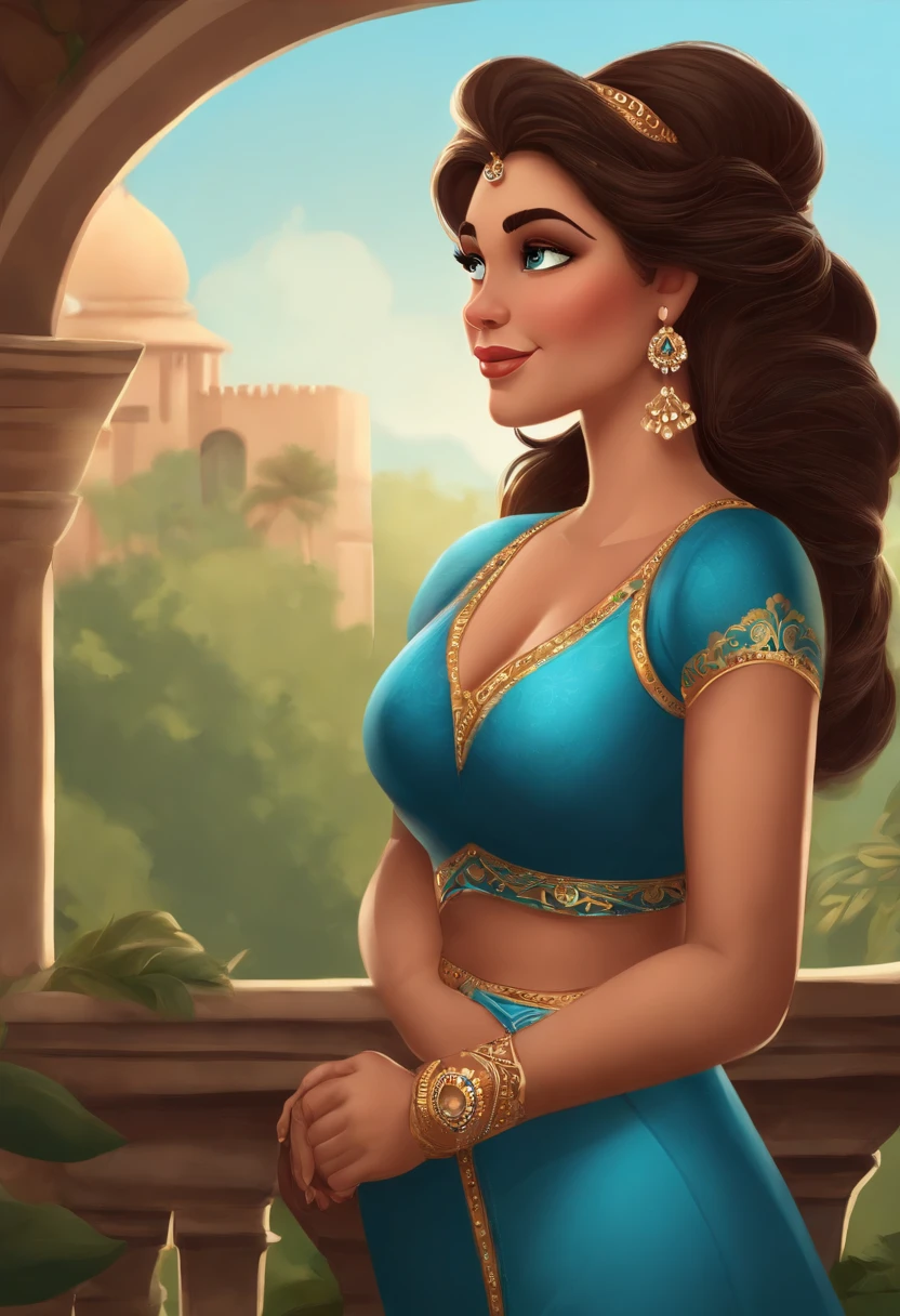 Mulher brasileira,Qualidade de arte original, imagem de corpo inteiro, Disney character animation style, mulher gorda de quarenta anos gorda plus size estilo FIONA , bem gordinha estilo FIONA, cabelos castanho com mechas nas pontas na cor azul celeste , standing posture, Wearing a short pink top and pantaloons, hands naturally placed on both sides, olhando para o lado, soft smiling expression, olhos castanho, luz de fundo azul, translucid, com luz como tema, the focus of light is on the characters, the overall picture is fresh and bright. cabelo castanho claro. Na frente, por do sol ao fundo