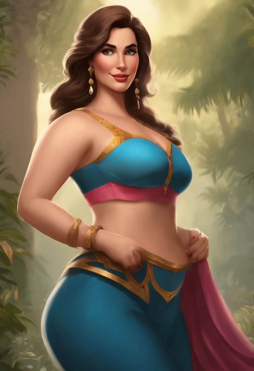 Mulher brasileira,Qualidade de arte original, imagem de corpo inteiro, Disney character animation style, mulher gorda de quarenta anos gorda plus size estilo FIONA , bem gordinha estilo FIONA, cabelos castanho com mechas nas pontas na cor azul celeste , standing posture, Wearing a short pink top and pantaloons, hands naturally placed on both sides, olhando para o lado, soft smiling expression, olhos castanho, luz de fundo azul, translucid, com luz como tema, the focus of light is on the characters, the overall picture is fresh and bright. cabelo castanho claro. Na frente, por do sol ao fundo