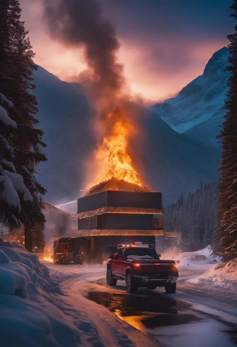 In the middle of the night，Surrounded by snow-capped mountains，A supply station is on fire，Epic composition，Fantastic scene