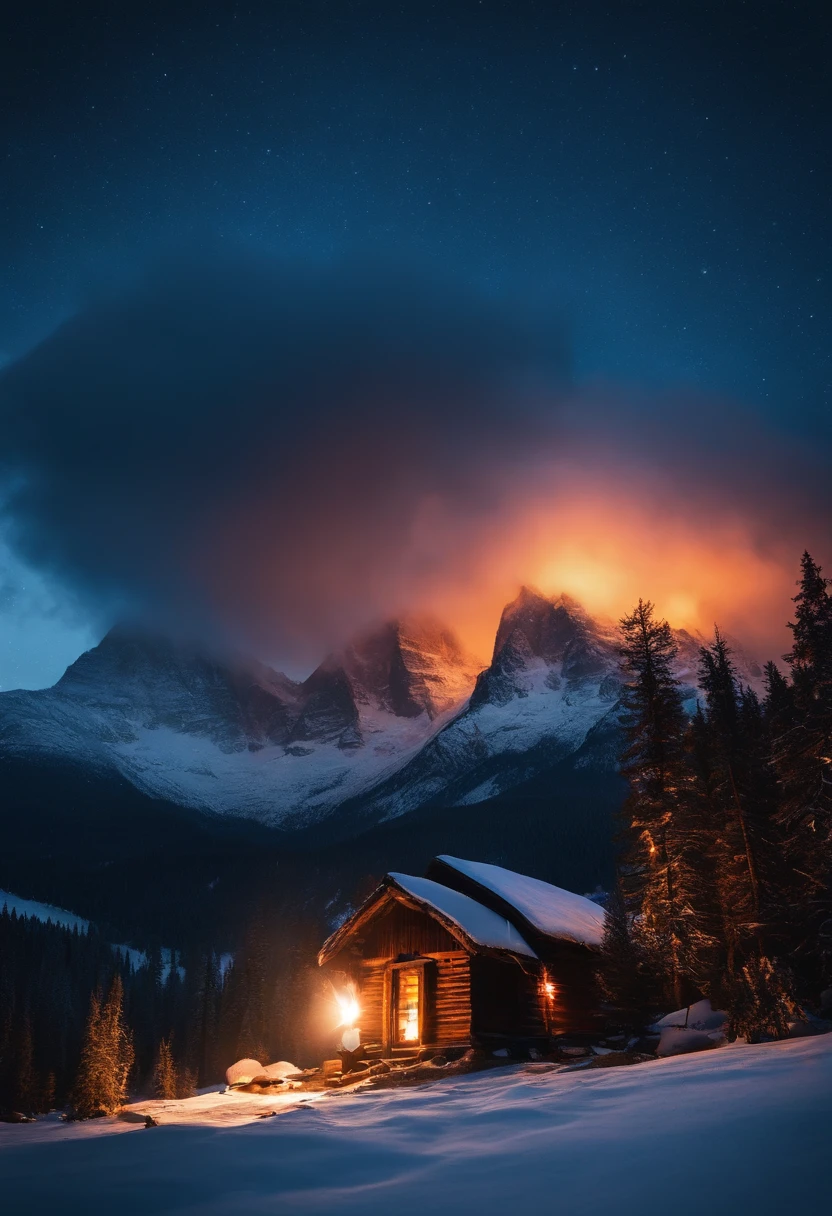 In the middle of the night,Surrounded by snow-capped mountains,A supply station is on fire,Epic composition,Fantastic scene