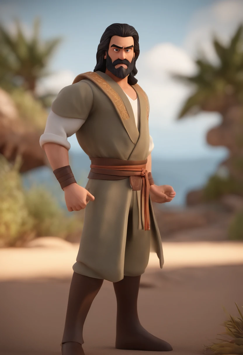 personagem dos desenhos animados de um homem com 30 anos, com barba branca, pele morena, cabelo coque samurai e uma camisa preta, animation character, Caractere estilizado, animation style rendering, 3D estilizado, Arnold Maya render, 3 d render stylized, toon render keyshot, Personagem 3D, Personagem 3D, 3d rendering stylized, 3 d character render, personagem de desenho animado, Personagem de close up, Pose de personagem, (Estilo Pixar) (master part:1.2) (Bokeh) (best quality) (pele detalhada) (textura detalhada) (8k) (argila) (Cinematic lighting) (foco nítido