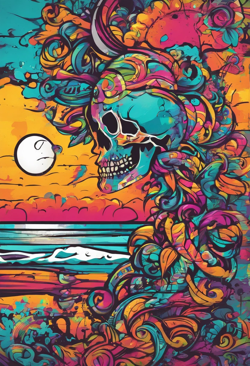 desenho plano, spray, cores viva, caveira na praia