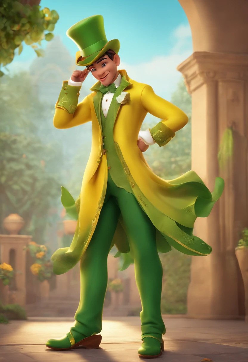 Personagem de desenho animado de um rapaz com uma roupa baseada em uma fantasia de milho, camisa amarela e jaqueta verde, The pants are green and a big green shoe, Wearing a green top hat cap, animation character, Caractere estilizado, animation style rendering, 3D estilizado, 3 d render stylized, toon render keyshot, Personagem 3D, Personagem 3D, renderizado