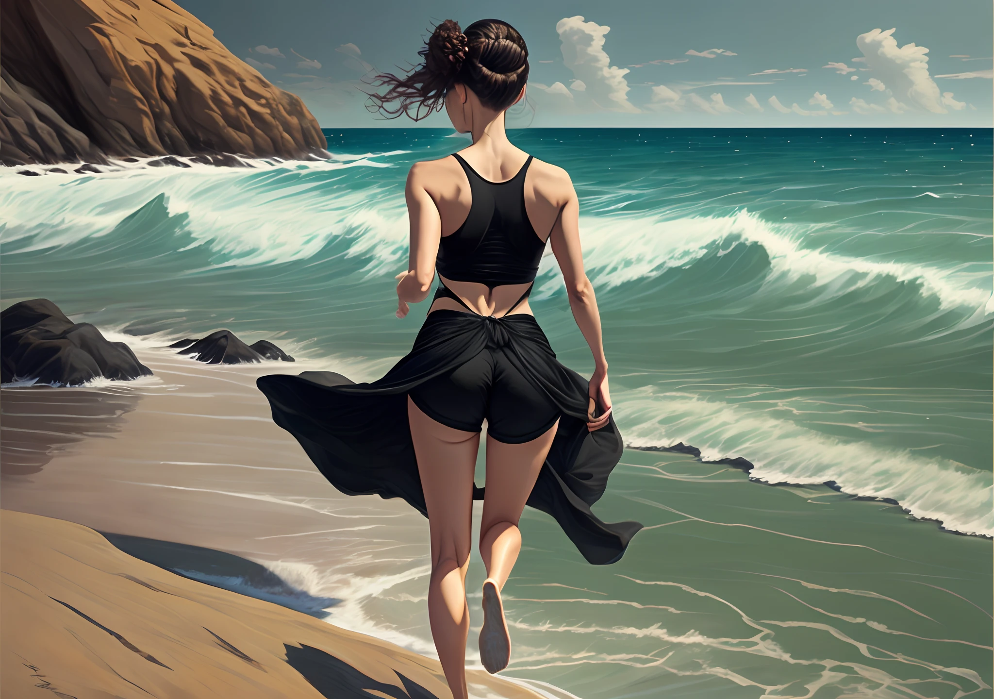Create an image of a woman standing on a rocky cliff overlooking a body of water. She has her arms spread wide, and her body is turned towards the water, giving the impression that she is about to jump into the sea. She is wearing a black tank top and black shorts, with her hair styled in a messy bun. Capture the moment of anticipation and excitement as she is poised to take a leap of faith into the unknown depths of the ocean --auto --s2