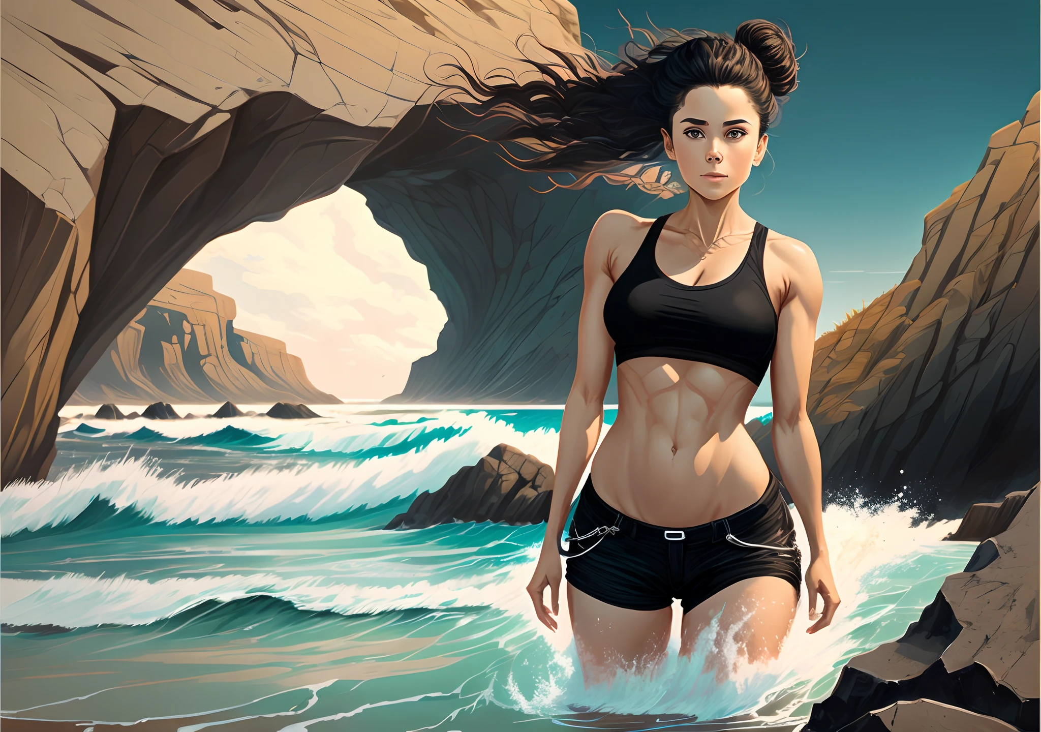 Create an image of a woman standing on a rocky cliff overlooking a body of water. She has her arms spread wide, and her body is turned towards the water, giving the impression that she is about to jump into the sea. She is wearing a black tank top and black shorts, with her hair styled in a messy bun. Capture the moment of anticipation and excitement as she is poised to take a leap of faith into the unknown depths of the ocean --auto --s2