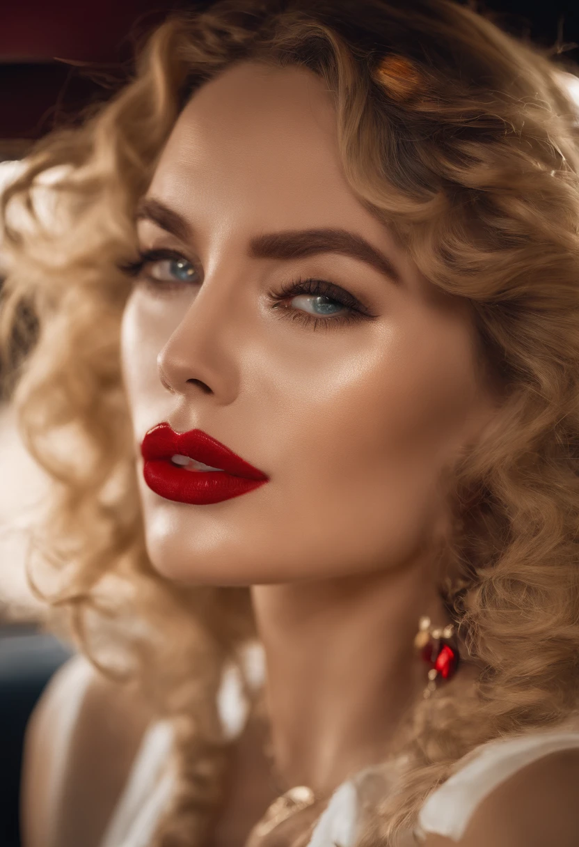 Blonde woman with red lipstick and necklace in car with hand up, imagem de perfil, red lips, foto do perfil, Batom vermelho no rosto, thick red lips, foto de perfil headshot, Big Red Lips, Batom vermelho brilhante, both have red lips, small and thick red lips, sexy red lips, usando maquiagem profissional, taken in the early 2020s, Red lipstick on the lips disney pixar cartoon style, heroina , perigosa, justiceira, sexy, unhas verm