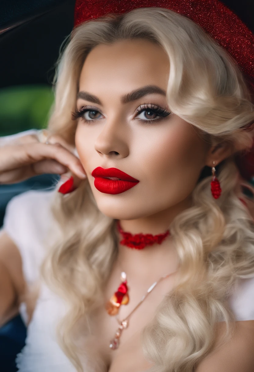 Blonde woman with red lipstick and necklace in car with hand up, imagem de perfil, red lips, foto do perfil, Batom vermelho no rosto, thick red lips, foto de perfil headshot, Big Red Lips, Batom vermelho brilhante, both have red lips, small and thick red lips, sexy red lips, usando maquiagem profissional, taken in the early 2020s, Red lipstick on the lips disney pixar cartoon style, heroina , perigosa, justiceira, sexy, unhas verm