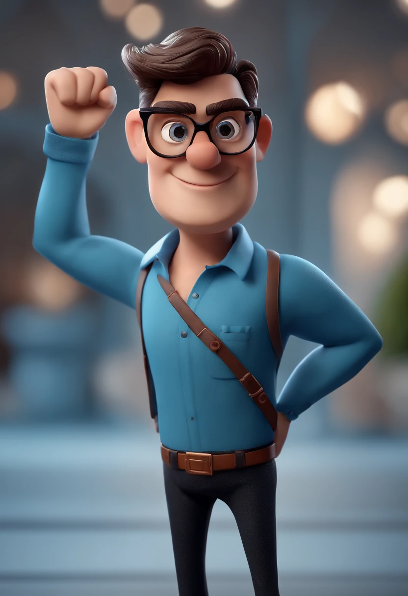 Cartoon character of a man with black glasses and a blue shirt, animation character, Caractere estilizado, animation style rendering, 3D estilizado, Arnold Maya render, 3 d render stylized, toon render keyshot, Personagem 3D, Personagem 3D, 3d rendering stylized, 3 d character render, personagem de desenho animado, Personagem de close up, Pose de personagem,  (Estilo Pixar) (master part:1.2) (Bokeh) (best quality) (pele detalhada) (textura detalhada) (8k) (argila) (Cinematic lighting) (foco nítido