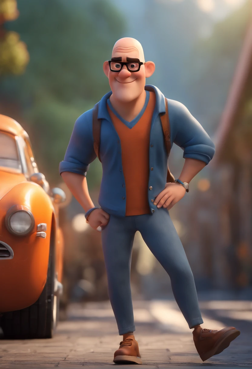 Cartoon character of a man with a shaved head with black glasses and a blue shirt, animation character, Caractere estilizado, animation style rendering, 3D estilizado, Arnold Maya render, 3 d render stylized, toon render keyshot, Personagem 3D, Personagem 3D, 3d rendering stylized, 3 d character render, personagem de desenho animado, Personagem de close up, Pose de personagem, (Estilo Pixar) (master part:1.2) (Bokeh) (best quality) (pele detalhada) (textura detalhada) (8k) (argila) (Cinematic lighting) (foco nítido