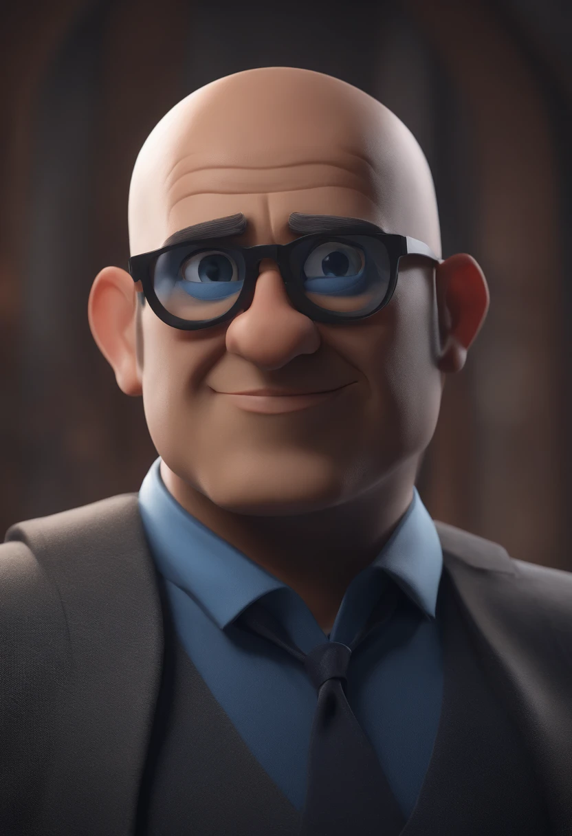 Cartoon character of a man with a shaved head with black glasses and a blue shirt, animation character, Caractere estilizado, animation style rendering, 3D estilizado, Arnold Maya render, 3 d render stylized, toon render keyshot, Personagem 3D, Personagem 3D, 3d rendering stylized, 3 d character render, personagem de desenho animado, Personagem de close up, Pose de personagem, (Estilo Pixar) (master part:1.2) (Bokeh) (best quality) (pele detalhada) (textura detalhada) (8k) (argila) (Cinematic lighting) (foco nítido
