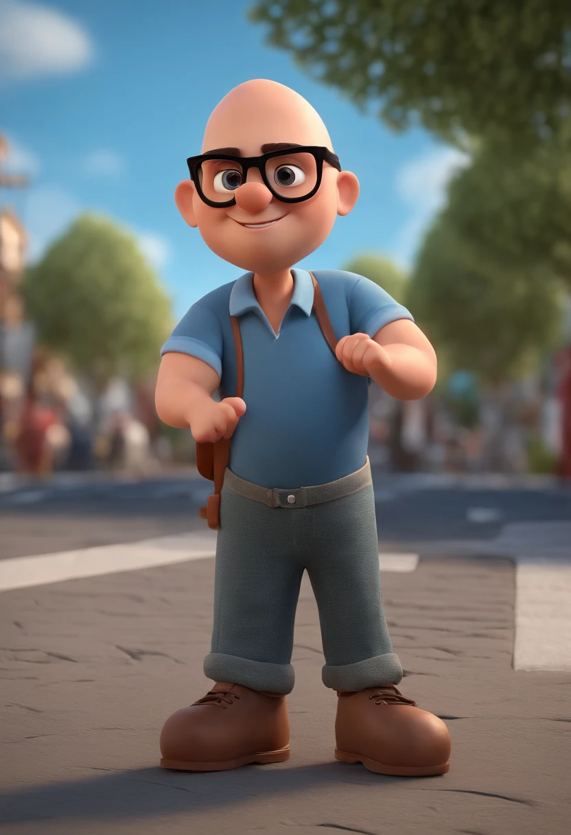 Cartoon character of a man with a shaved head with black glasses and a blue shirt, animation character, Caractere estilizado, animation style rendering, 3D estilizado, Arnold Maya render, 3 d render stylized, toon render keyshot, Personagem 3D, Personagem 3D, 3d rendering stylized, 3 d character render, personagem de desenho animado, Personagem de close up, Pose de personagem,  (Estilo Pixar) (master part:1.2) (Bokeh) (best quality) (pele detalhada) (textura detalhada) (8k) (argila) (Cinematic lighting) (foco nítido
