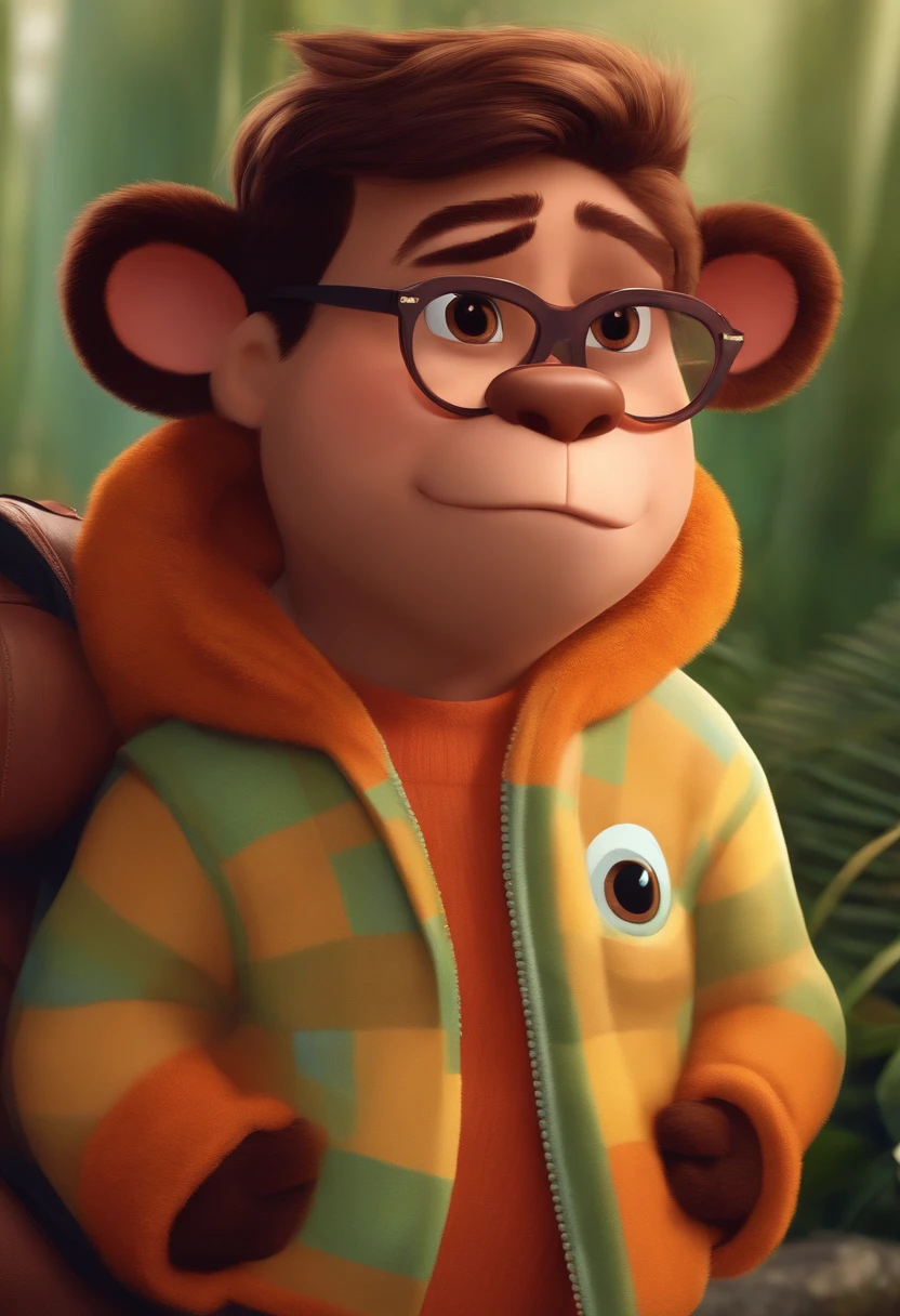 Menino estilo desenho animado, Pixar, wearing round glasses, segurando um urso de pelucia, roupa de escoteiro,