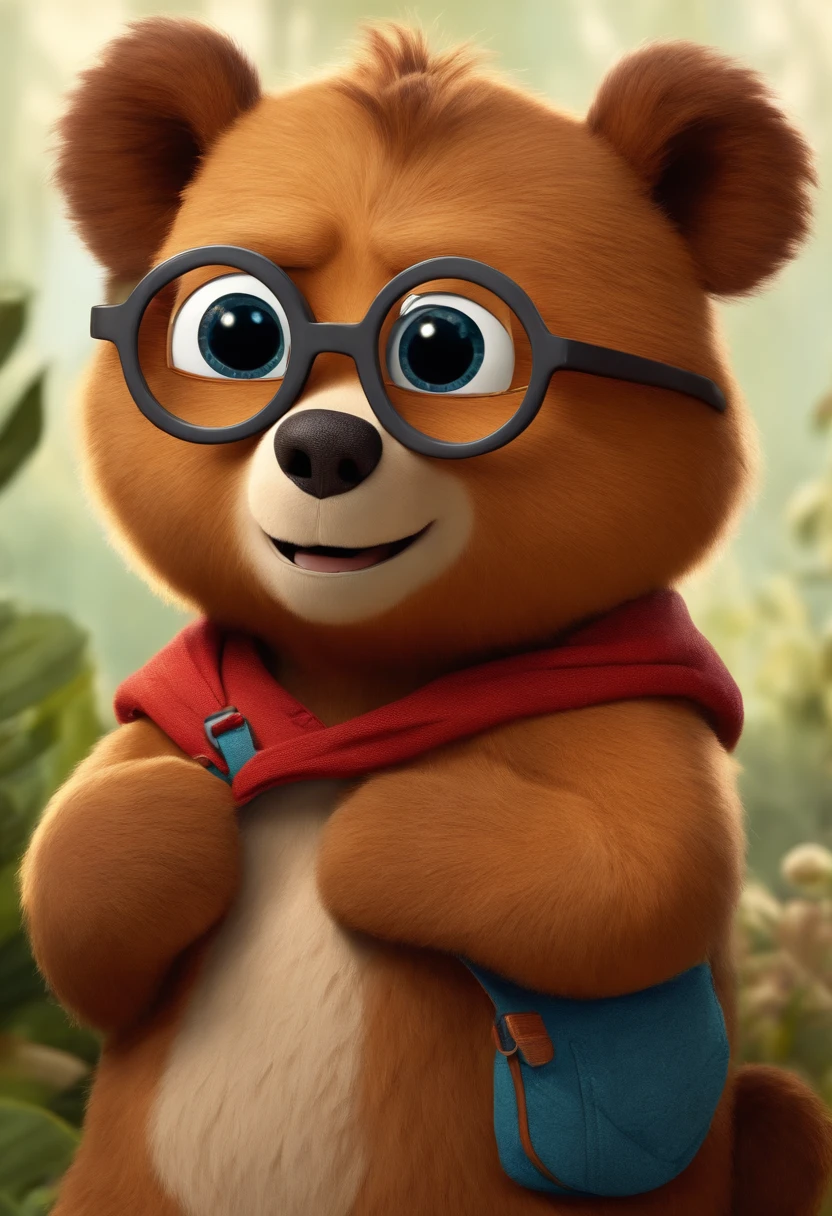 estilo desenho animado, Pixar, wearing round glasses, segurando um urso de pelucia, roupa de escoteiro,