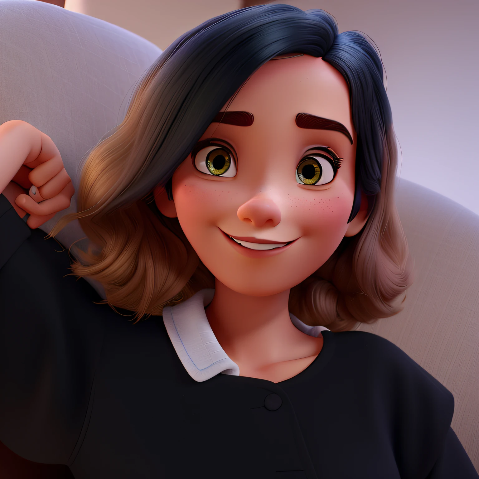 Um filme inspirado na Disney Pixar. Mulher branca, cabelo loiro escuro curto, olhos escuros. A cena deve ser no estilo de arte digital distinto da Pixar, with a focus on character expressions, cores vibrantes, and detailed textures that are characteristic of its animations.