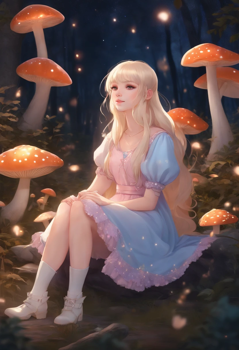 Light blonde haired anime girl with pale blue purple eyes wearing pink dress with swollen shoulder sleeves and knee-length white boots sitting in the woods next to an orange mushroom surrounded by fireflies under the starry sky sitting