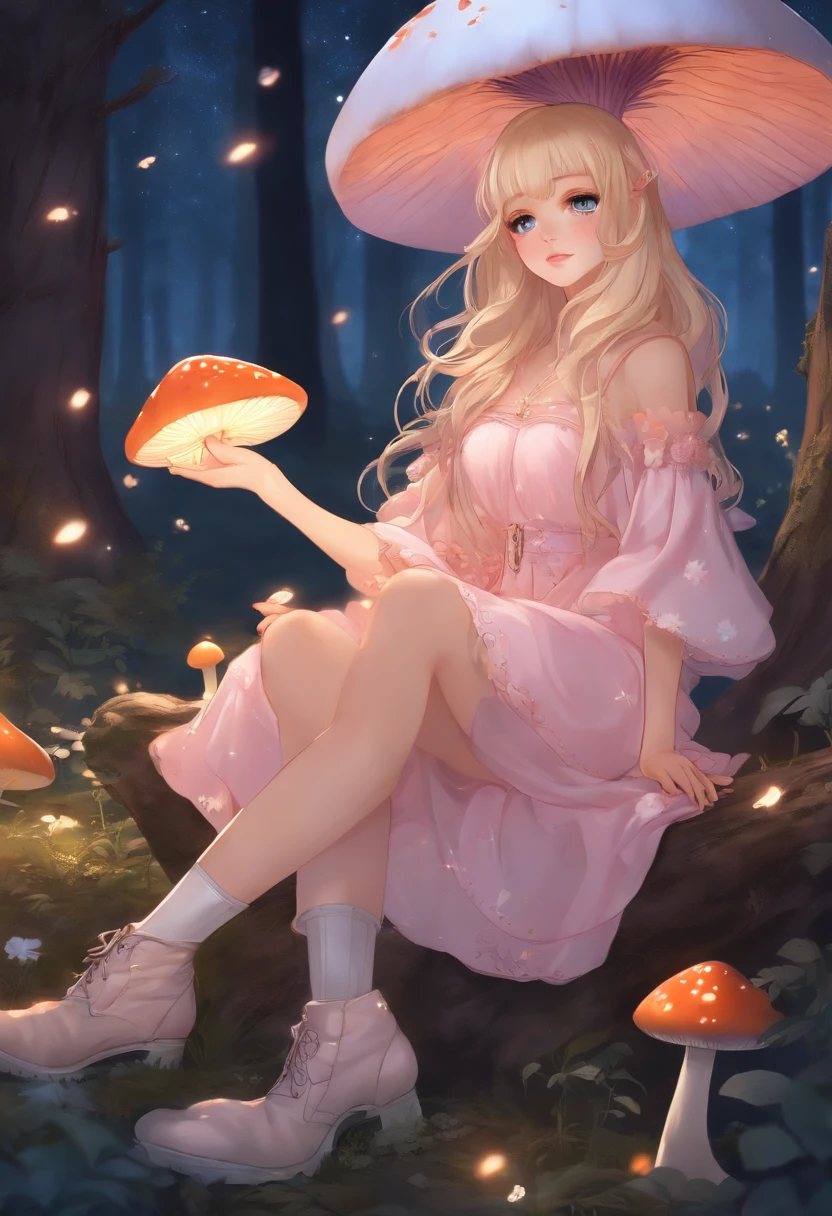Light blonde haired anime girl with pale blue purple eyes wearing pink dress with swollen shoulder sleeves and knee-length white boots sitting in the woods next to an orange mushroom surrounded by fireflies under the starry sky sitting