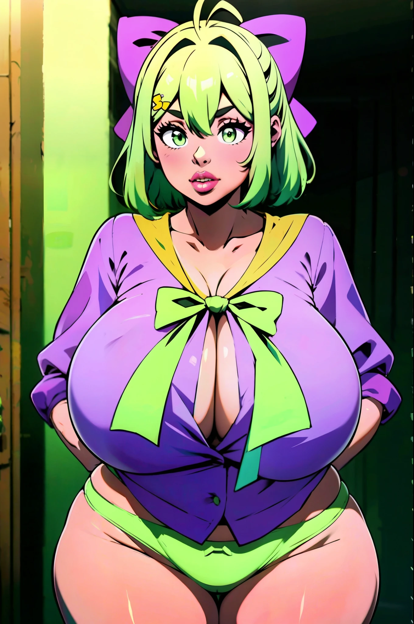 1girll, ((Bimbo))), Short green hair, Puffy lips, Painted lips, Thick lips, Wide hips, Thick thighs, Huge ass, Bimborough face , gigantic natural breasts, cleavage, green panties, Hanging breasts, Take off your bra,,, Green short bob hair, Issuing,Hair Bow,Antenna hair, Green eyes, hair between eye, Medium hair, side locks,