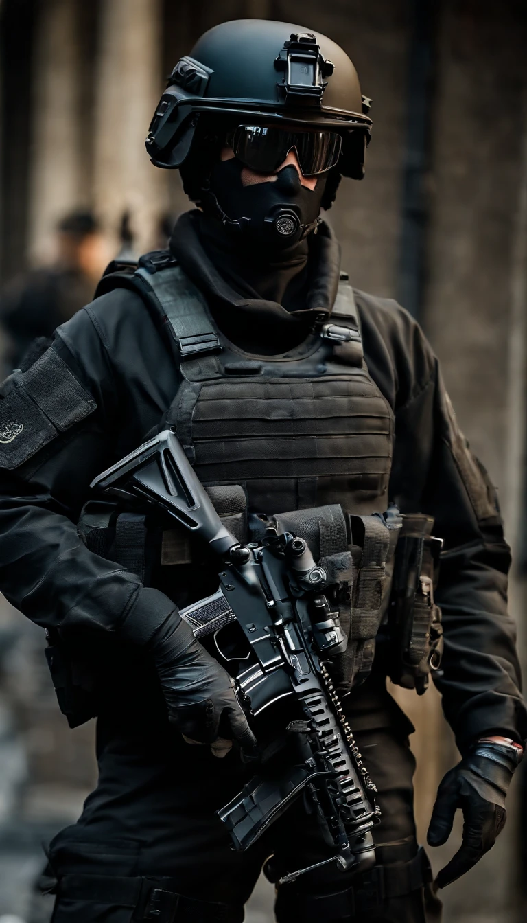(Best quality,4K,8K,A high resolution,Masterpiece:1.2),Ultra-detailed,(Realistic,Photorealistic,photo-realistic:1.37), One of them wore a black SWAT uniform,Man in black helmet, A man in a black mask holds a gun, Air rifle CQB, French Special Operations, realistic soldiers, Soldiers in tactical equipment, tactical gear, cinematic —ar 16:9, realistic military equipment, Tactical armor, Black tactical equipment, combat outfit, Futuristic soldier costume, special forces security(Best quality,4K,8K,A high resolution,Masterpiece:1.2),Ultra-detailed,(Realistic,Photorealistic,photo-realistic:1.37), One of them wore a black SWAT uniform,Man in black helmet, A man wearing a black skull mask holds a gun, assault rifle,CQB, French Special Operations, realistic soldiers, Soldiers in tactical equipment, tactical gear, cinematic —ar 16:9, realistic military equipment, Tactical armor, Black tactical equipment, combat outfit, Futuristic soldier costume, special forces security,FBI official,Zombie crisis,Zombie background,There was chaos,Police shoot at zombies