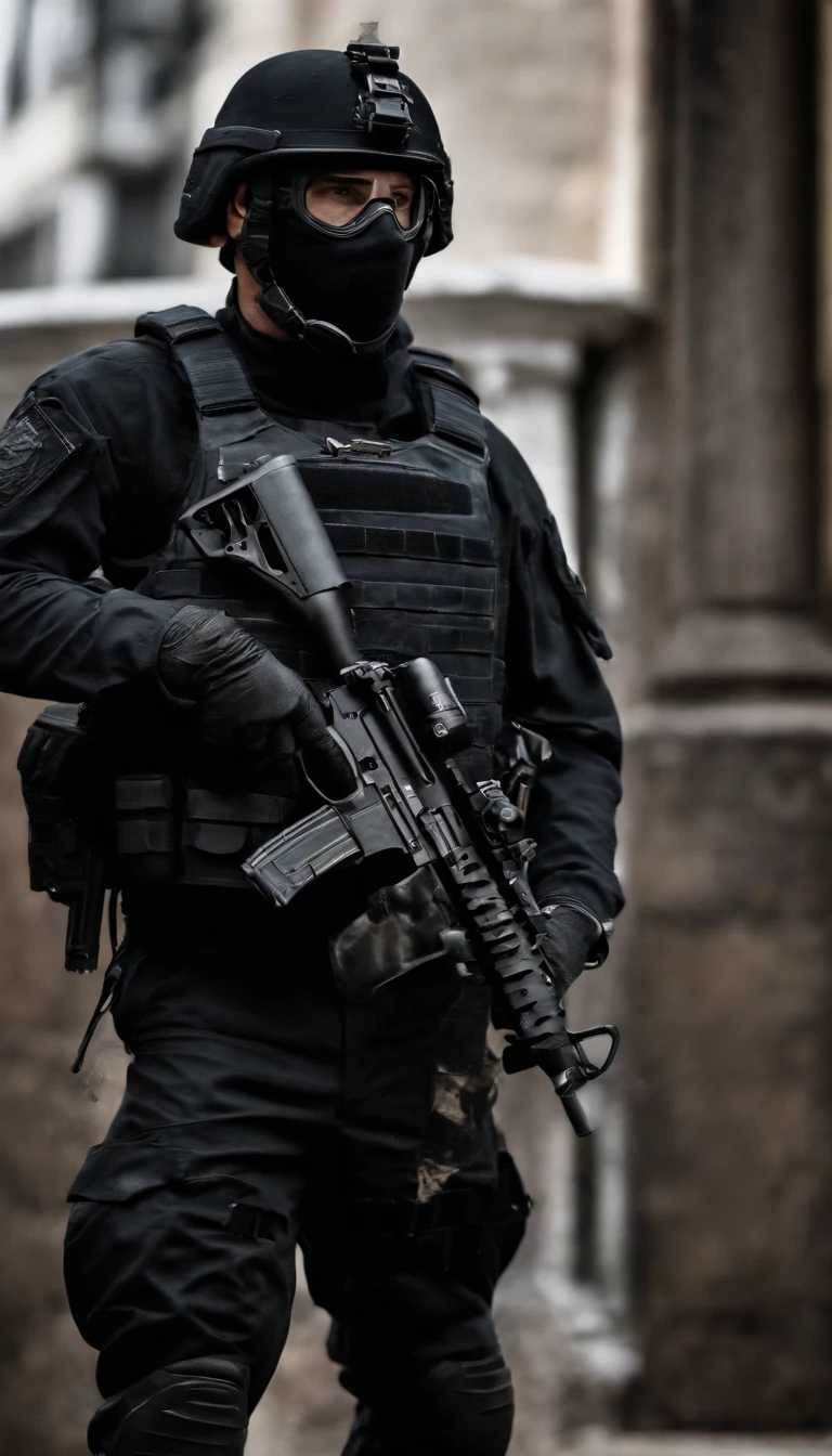 (Best quality,4K,8K,A high resolution,Masterpiece:1.2),Ultra-detailed,(Realistic,Photorealistic,photo-realistic:1.37), One of them wore a black SWAT uniform,Man in black helmet, A man in a black mask holds a gun, Air rifle CQB, French Special Operations, realistic soldiers, Soldiers in tactical equipment, tactical gear, cinematic —ar 16:9, realistic military equipment, Tactical armor, Black tactical equipment, combat outfit, Futuristic soldier costume, special forces security(Best quality,4K,8K,A high resolution,Masterpiece:1.2),Ultra-detailed,(Realistic,Photorealistic,photo-realistic:1.37), One of them wore a black SWAT uniform,Man in black helmet, A man wearing a black skull mask holds a gun, assault rifle,CQB, French Special Operations, realistic soldiers, Soldiers in tactical equipment, tactical gear, cinematic —ar 16:9, realistic military equipment, Tactical armor, Black tactical equipment, combat outfit, Futuristic soldier costume, special forces security,FBI official,Zombie crisis,Zombie background,There was chaos,Police shoot at zombies