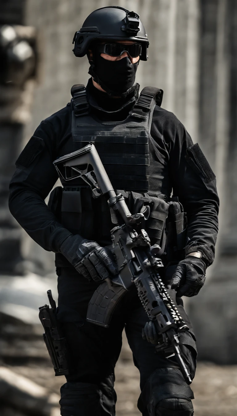 (Best quality,4K,8K,A high resolution,Masterpiece:1.2),Ultra-detailed,(Realistic,Photorealistic,photo-realistic:1.37), One of them wore a black SWAT uniform,Man in black helmet, A man in a black mask holds a gun, Air rifle CQB, French Special Operations, realistic soldiers, Soldiers in tactical equipment, tactical gear, cinematic —ar 16:9, realistic military equipment, Tactical armor, Black tactical equipment, combat outfit, Futuristic soldier costume, special forces security(Best quality,4K,8K,A high resolution,Masterpiece:1.2),Ultra-detailed,(Realistic,Photorealistic,photo-realistic:1.37), One of them wore a black SWAT uniform,Man in black helmet, A man wearing a black skull mask holds a gun, assault rifle,CQB, French Special Operations, realistic soldiers, Soldiers in tactical equipment, tactical gear, cinematic —ar 16:9, realistic military equipment, Tactical armor, Black tactical equipment, combat outfit, Futuristic soldier costume, special forces security,FBI official,Zombie crisis,Zombie background,There was chaos,Police shoot at zombies