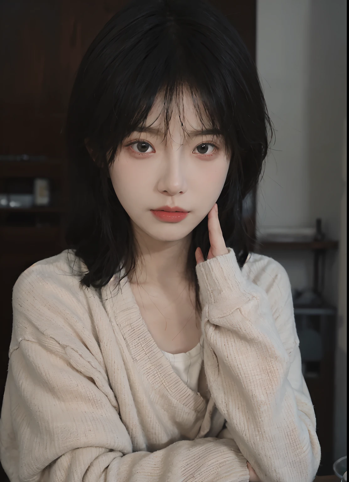 best qualtiy， 超高分辨率， （realisticlying：1.4）， A woman with long black hair and a gray sweater, 中景 the scene is, She has black hair，By bangs, young lovely Korean faces, wan adorable korean face, ulzzangs, Shin Jinying, beautiful aesthetic face, Korean face features, Played by Liu Lee Ji Eun ，Beautiful realistic face