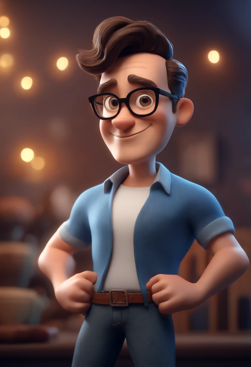 Cartoon character of a man with black glasses and a blue shirt, animation character, Caractere estilizado, animation style rendering, 3D estilizado, Arnold Maya render, 3 d render stylized, toon render keyshot, Personagem 3D, Personagem 3D, 3d rendering stylized, 3 d character render, personagem de desenho animado, Personagem de close up, Pose de personagem, (Estilo Pixar) (master part:1.2) (Bokeh) (best quality) (pele detalhada) (textura detalhada) (8k) (argila) (Cinematic lighting) (foco nítido