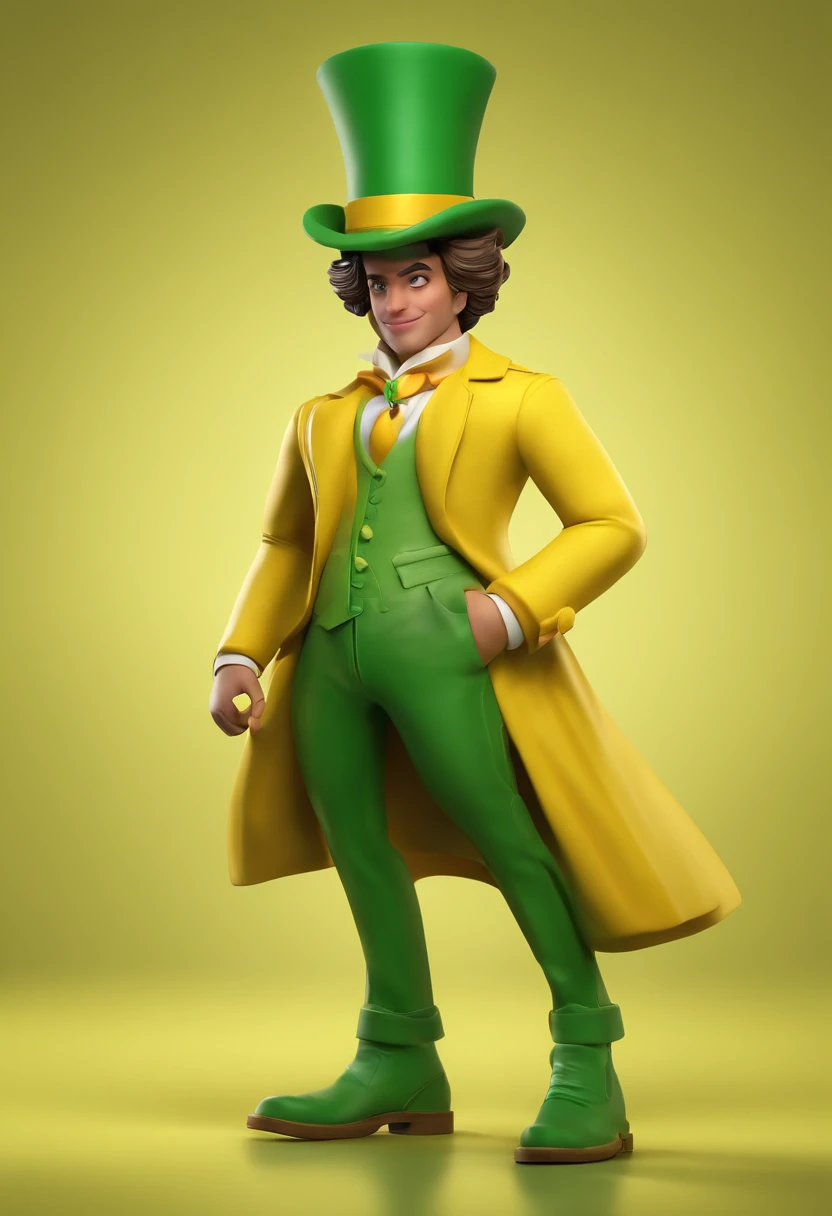 Personagem de desenho animado de um rapaz com uma roupa baseada em uma fantasia de milho, camisa amarela e jaqueta verde, The pants are green and a big green shoe, Wearing a green top hat cap,  The background of the image should be a white studio, animation character, Caractere estilizado, animation style rendering, 3D estilizado, 3 d render stylized, toon render keyshot, Personagem 3D, Personagem 3D, renderizado,