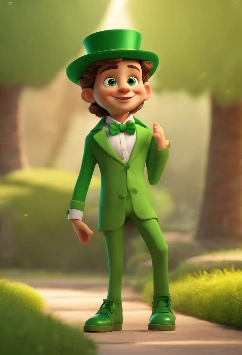 Personagem de desenho animado de um rapaz com uma roupa baseada em uma fantasia de milho, camisa amarela e jaqueta verde, The pants are green and a big green shoe, Wearing a green top hat cap, The background of the image should be a white studio, animation character, Caractere estilizado, animation style rendering, 3D estilizado, 3 d render stylized, toon render keyshot, Personagem 3D, Personagem 3D, renderizado,
