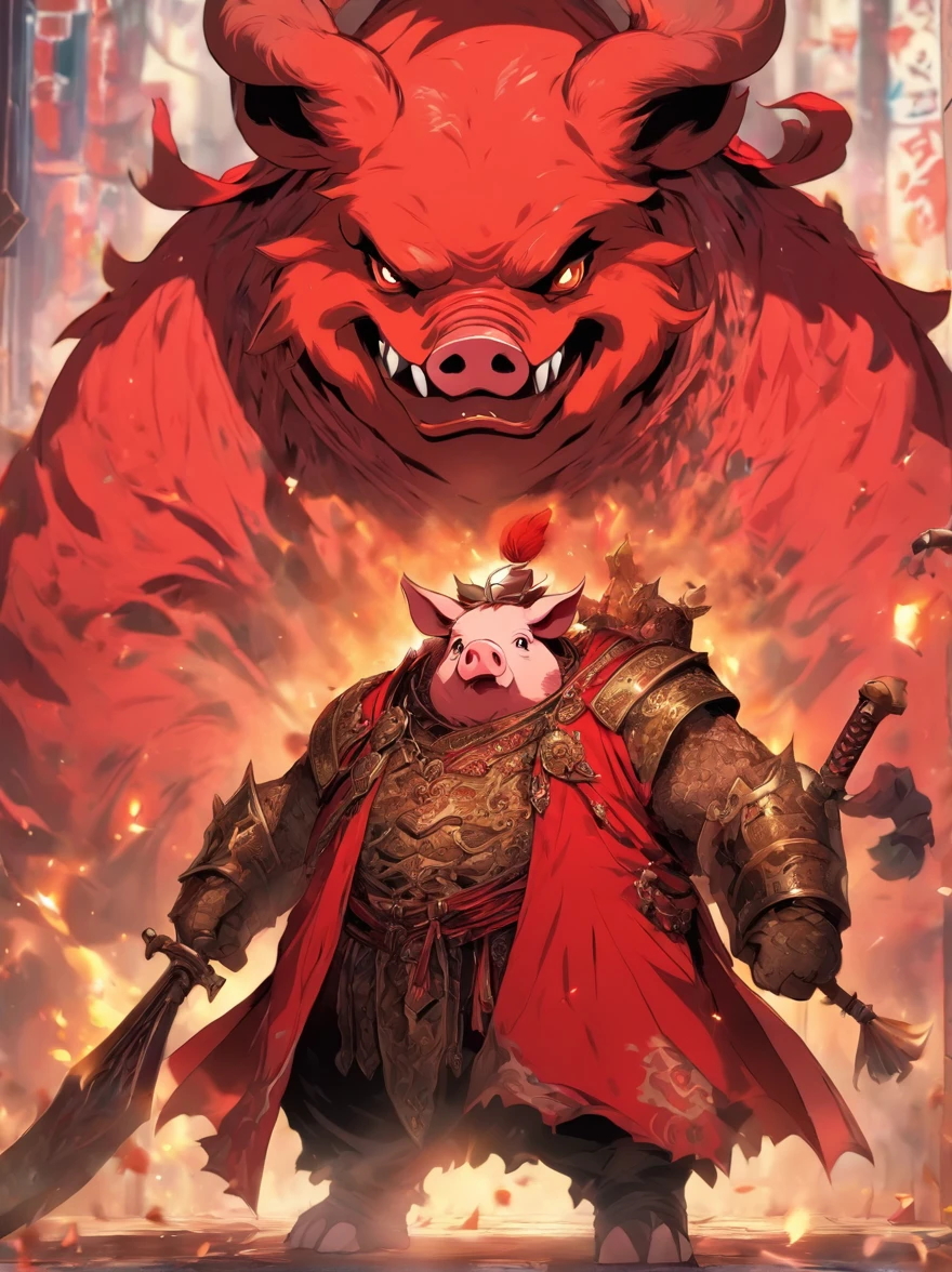 Pig demon，Pig and dog monsters，fatness，Dressed in armor，Red robe，He had a long axe in his hand