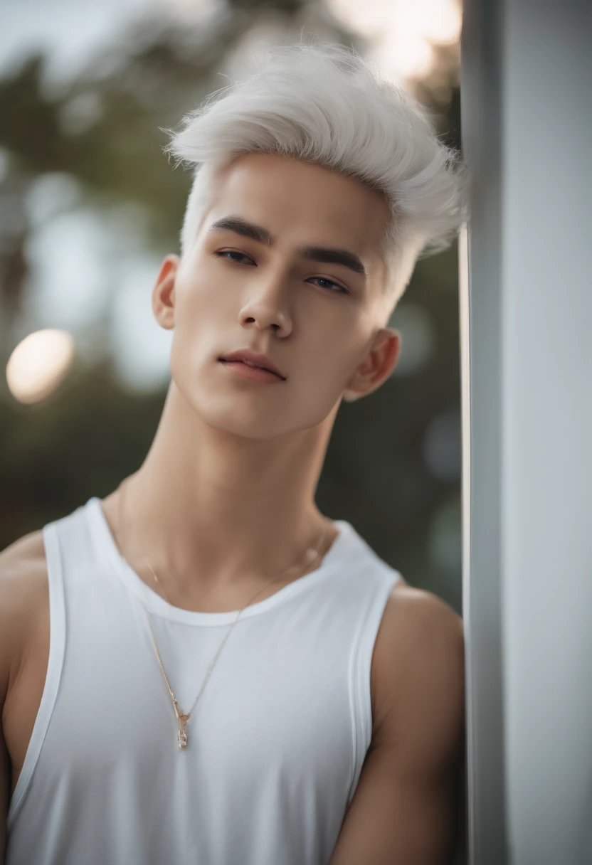 Boy band member's short, messy white hair, olhos vermelhos, foto em close-up, fotorrealista, wearing tank top and jogger pants, solid colours, CIDADE FUTURISTA, Dynamic camera angle, Corpo inteiro Belo estilo anime, limpar rostos detalhados, roupas intrincadas, analogous colors, sombras brilhantes, beautiful gradient, profundidade de campo, luz do cabelo, imagem limpa, alta qualidade, High detail, High definition, Luminous Studio graphics engine, beautiful face, cintura fina, 16k