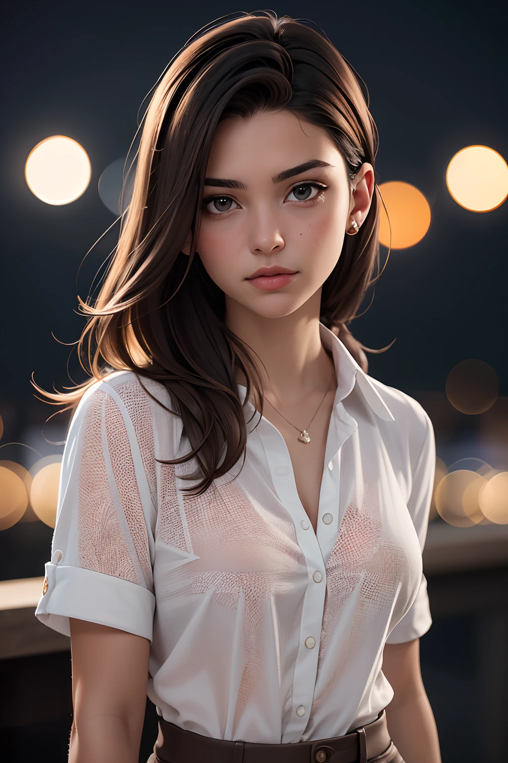 uma menina de 20 anos,apaixonado,Corou,(medium-long light brown hair),camisa folgada,alegre,medium breasts,((Cerveja Madison:0.3), (Barbara Palvin:0.3), (Karlie Kloss:0.4)),(desvanecimento hi-top:1.3),party background,fundo dessaturado,Bokeh,tema escuro,tons suaves,cores silenciadas,alto contraste,(textura natural da pele, hiper-realismo, luz suave, Sharp),(Foto em close-up) Artistic photo essay,(ombros nus),(pano vermelho esconde seios),