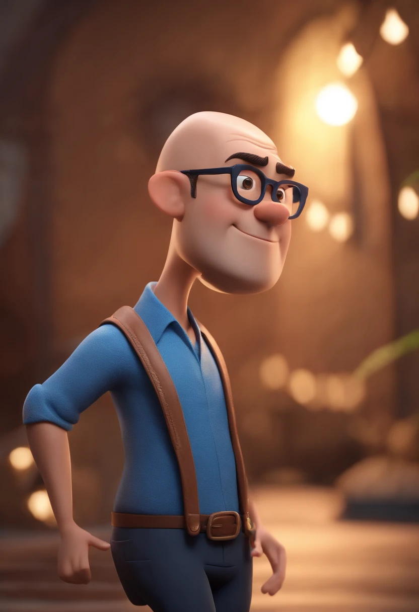 Cartoon character of a man with shaved head and beard with black glasses and a blue shirt, animation character, Caractere estilizado, animation style rendering, 3D estilizado, Arnold Maya render, 3 d render stylized, toon render keyshot, Personagem 3D, Personagem 3D, 3d rendering stylized, 3 d character render, personagem de desenho animado, Personagem de close up, Pose de personagem, (Estilo Pixar) (master part:1.2) (Bokeh) (best quality) (pele detalhada) (textura detalhada) (8k) (argila) (Cinematic lighting) (foco nítido