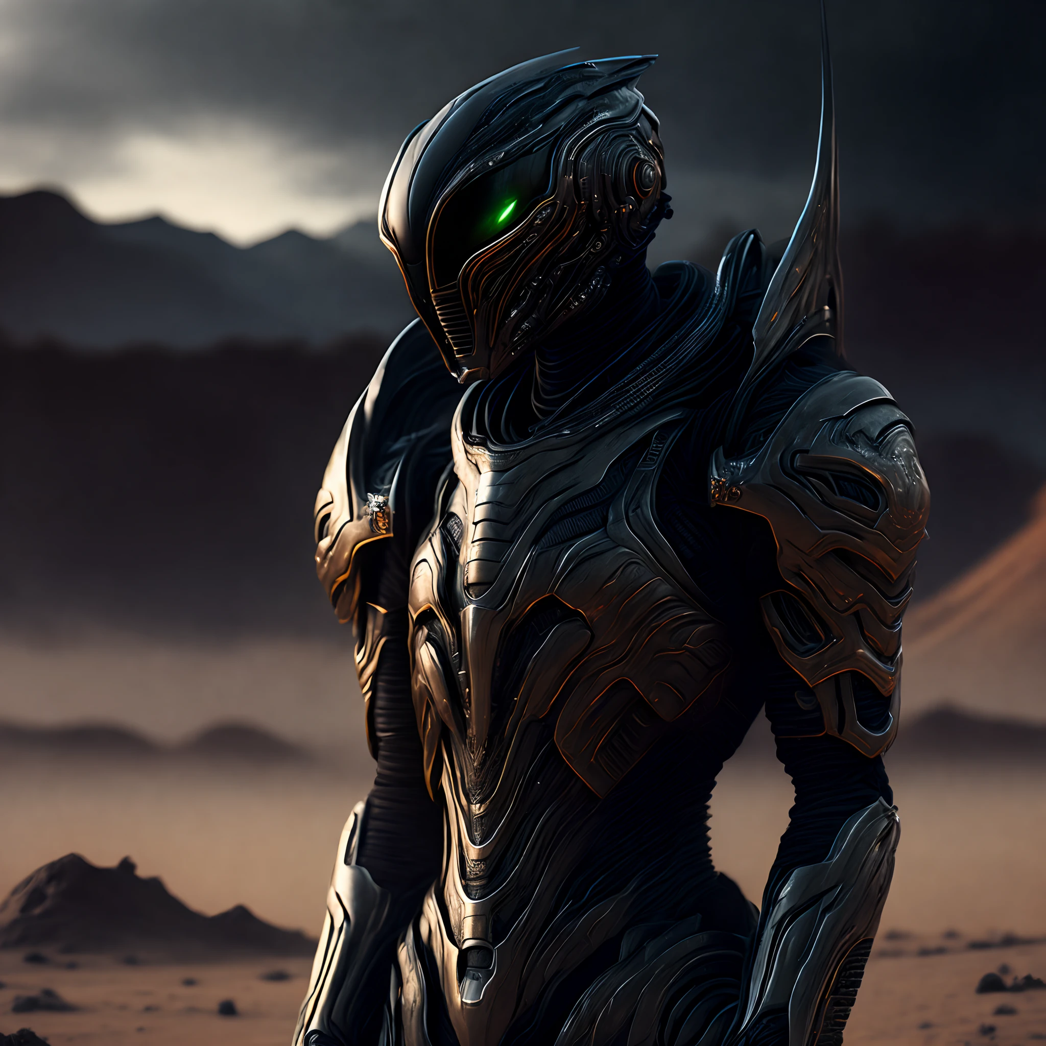 alien warrior, black metallic suit, war field , alien planet