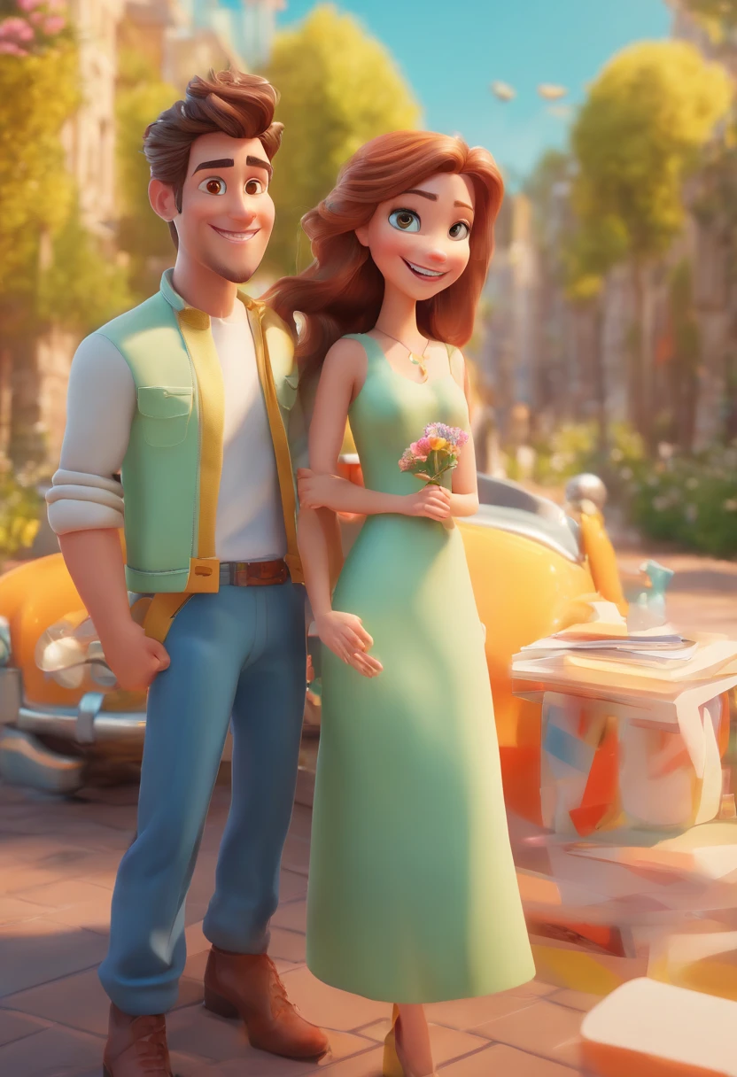 An illustration of an adorable couple, Highlight for a smiling woman with bluish green eyes with long, wavy brown hair and white skin and a- They are a bright room, cada um com um sorriso no rosto, e compartilhar um momento especial caracterizado pelo amor, Insights. Illustrate this scene from a perspective where they are facing the camera, Smiling and Showing Your Connection. Desenvolva esta arte em Full HD, Focus on your cinematic touch, Estilo Disney Pixar Animations