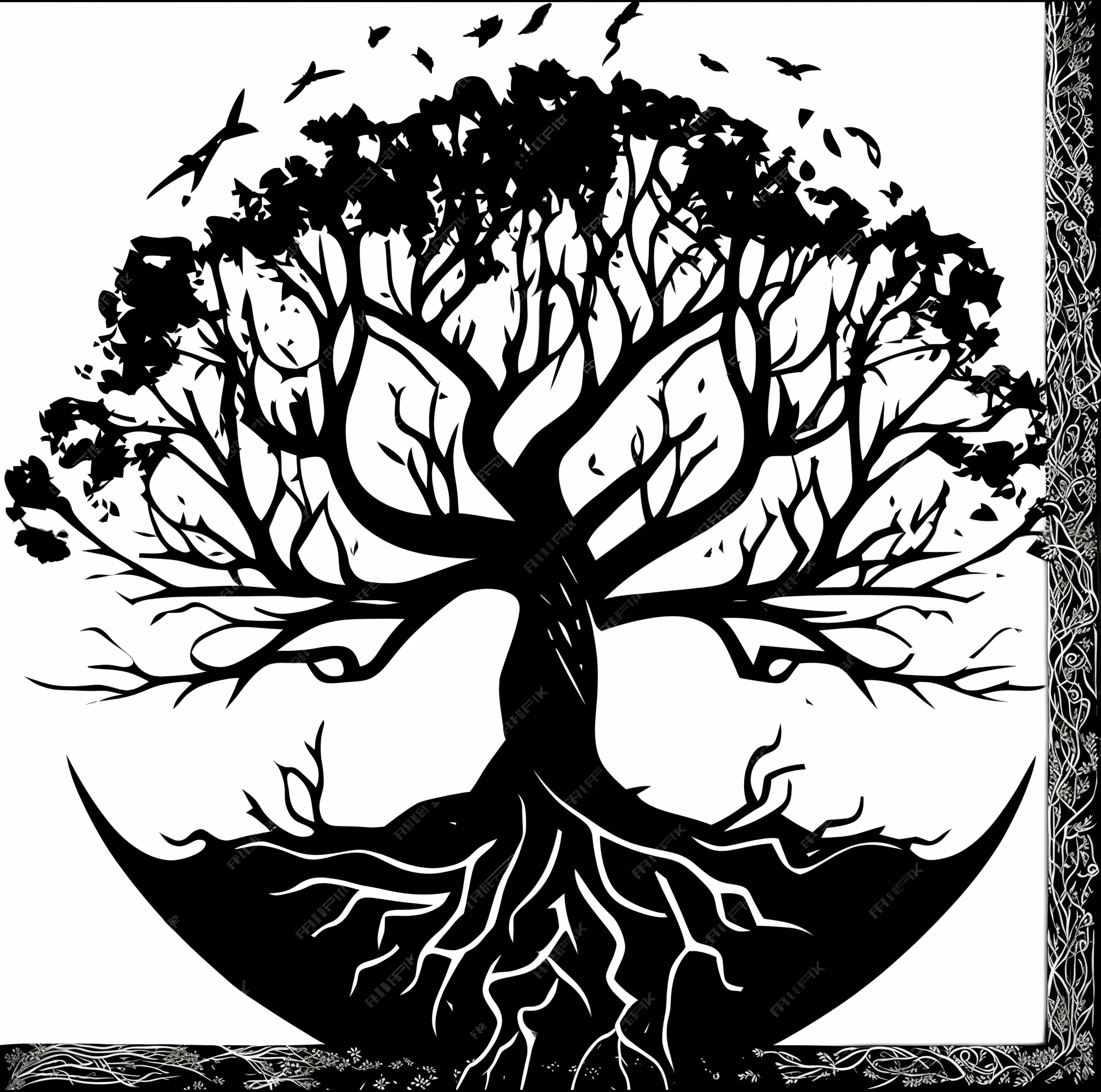A black and white tree with roots and birds flying around it, tree of life seed of doubt, Yggdrasil, tree of life inside the ball, Tree of Life, arte vetorial em preto e branco, the tree of life, World Tree, arte vetorial svg, silhueta estilizada, cosmic tree of life, the world tree, silhueta detalhada
