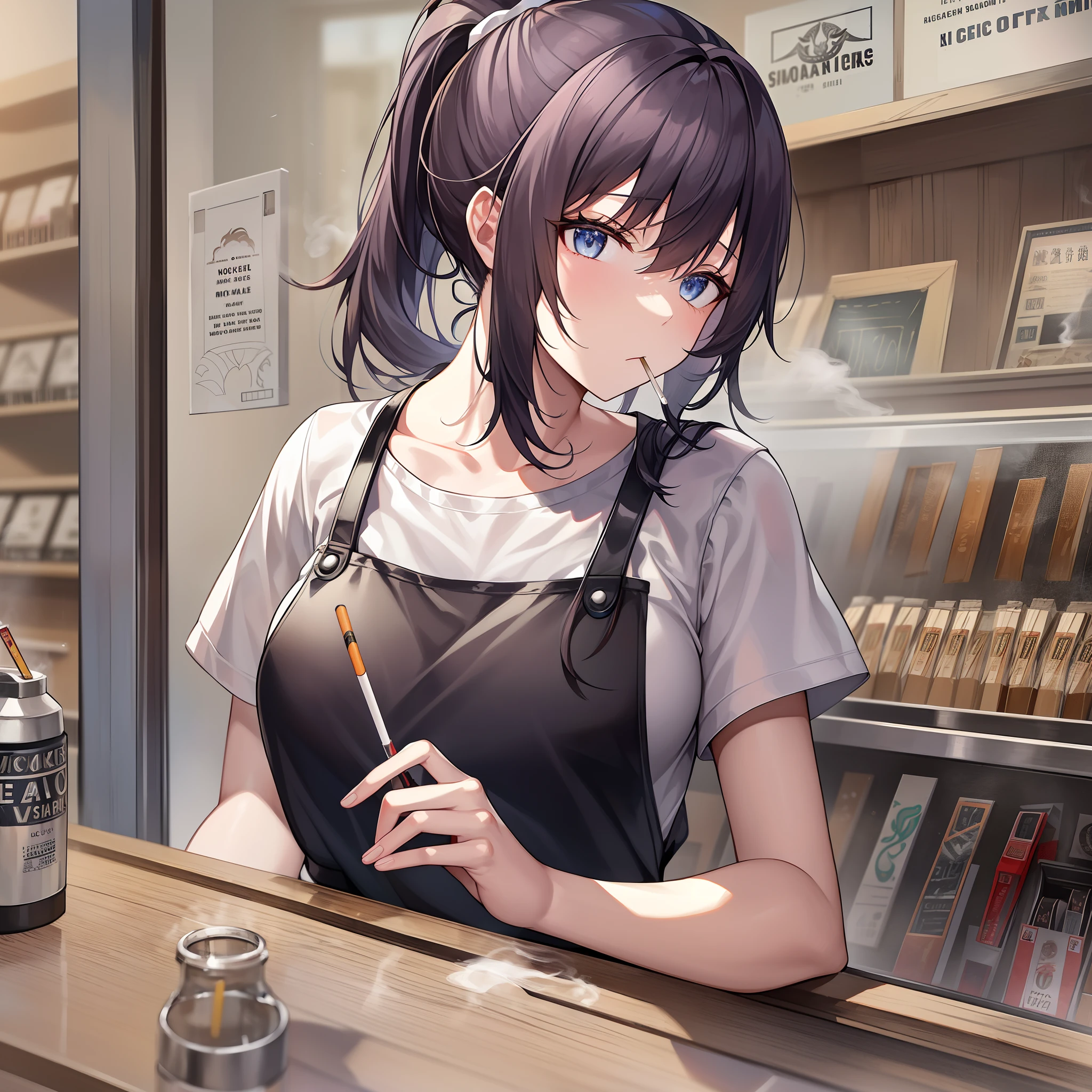 Outrageous resolution、​masterpiece++、top-quality++、ultra-definition++、ultra-definition++、4k++、8k++、from side、（Background Focus）++、（（1）））+++A clothed woman in a tobacco shop destroying a city in a casual apron while smoking a cigarette and exhaling a large amount of cigarette smoke praises a ragged woman in a ponytail、A scruffy ponytail female rune that smokes a cigarette and exhales a large amount of cigarette smoke while wearing a casual apron at a tobacco shop、Gutara female magic in a shabby ponytail who smokes a cigarette and exhales a large amount of cigarette smoke while wearing a casual apron at a tobacco shop、A woman in a shabby ponytail who smokes a cigarette and exhales a large amount of cigarette smoke while wearing a casual apron in a tobacco shop flying above、A married woman in a shabby ponytail who smokes a cigarette and exhales a large amount of cigarette smoke while wearing a casual apron at a tobacco shop、A female president in a shabby ponytail who smokes a cigarette and exhales a large amount of cigarette smoke while wearing a casual apron at a tobacco shop、Detailed contemporary art、Contemporary Art Style、Blake: A scruffy ponytail female witch in a beautiful modern tobacco shop who smokes cigarettes and exhales a large amount of cigarette smoke while working in a casual apron、A female college student in a shabby ponytail who smokes a cigarette and exhales a large amount of cigarette smoke while wearing a casual apron at a tobacco shop、Contemporary Art Behans、A female high school student in a shabby ponytail who smokes a cigarette and exhales a large amount of cigarette smoke while wearing a casual apron at a tobacco shop、A woman in a beautiful tobacco shop in a casual apron who smokes a cigarette and exhales a large amount of cigarette smoke、A scruffy ponytail woman shards who smoke cigarettes and exhale a large amount of cigarette smoke while wearing a casual apron in a shiny floating tobacco shop、A woman in a scruffy ponytail who smokes a cigarett