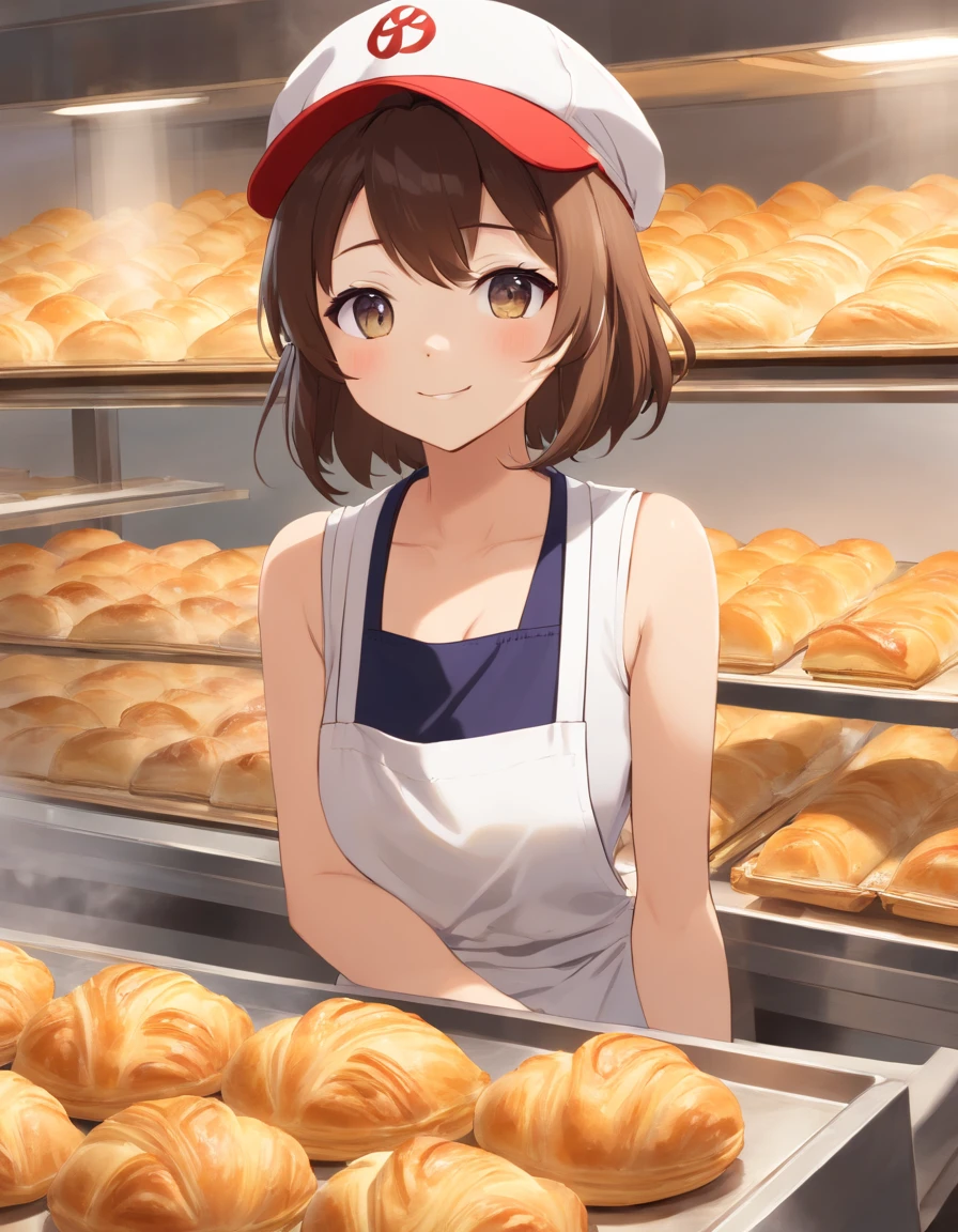 ((Nekomimi)),((Baseball hat)),((Sleeveless Baseball Uniforms)),A talented baker who meticulously forms the best dough for flaky pastries. The image is、Shows a well-equipped bakery with stainless steel countertops and a set of baking tools. Baker, Young man with radiant smile々Shishi Woman, Roll out the dough with a wooden rolling pin, Show off her expertise. The aroma of baked goods fills the air. In the background、Trays of golden croissants and delicately woven Danish pastries are chilled on racks. This photo is、Encapsulates the precision and skills required for the art of pastry making. photographed:Claire Ptak, A renowned pastry chef specializing in natural and seasonal ingredients