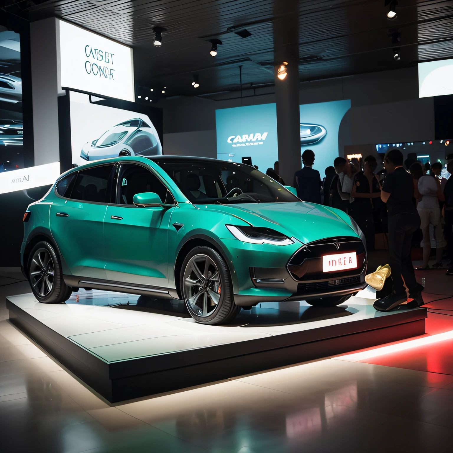 Arafed green car on display in a showroom with people looking, Directed by: Thomas Häfner, produto futurista carro tiro, Conceito de RA, Directed by: Adam Marczyński, EORA, destacar, 🦩🪐🐞👩🏻🦳, tesla, trending on vehicle design, inspirado em Harry Haenigsen, carro conceito, cinematic front shot