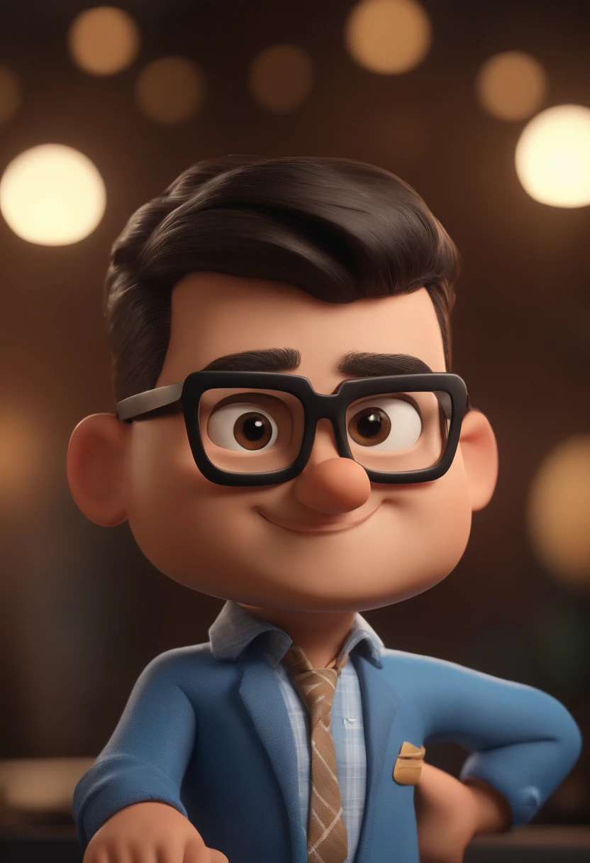 Cartoon character of a man with black glasses and a blue shirt, animation character, Caractere estilizado, animation style rendering, 3D estilizado, Arnold Maya render, 3 d render stylized, toon render keyshot, Personagem 3D, Personagem 3D, 3d rendering stylized, 3 d character render, personagem de desenho animado, Personagem de close up, Pose de personagem,  (Estilo Pixar) (master part:1.2) (Bokeh) (best quality) (pele detalhada) (textura detalhada) (8k) (argila) (Cinematic lighting) (foco nítido