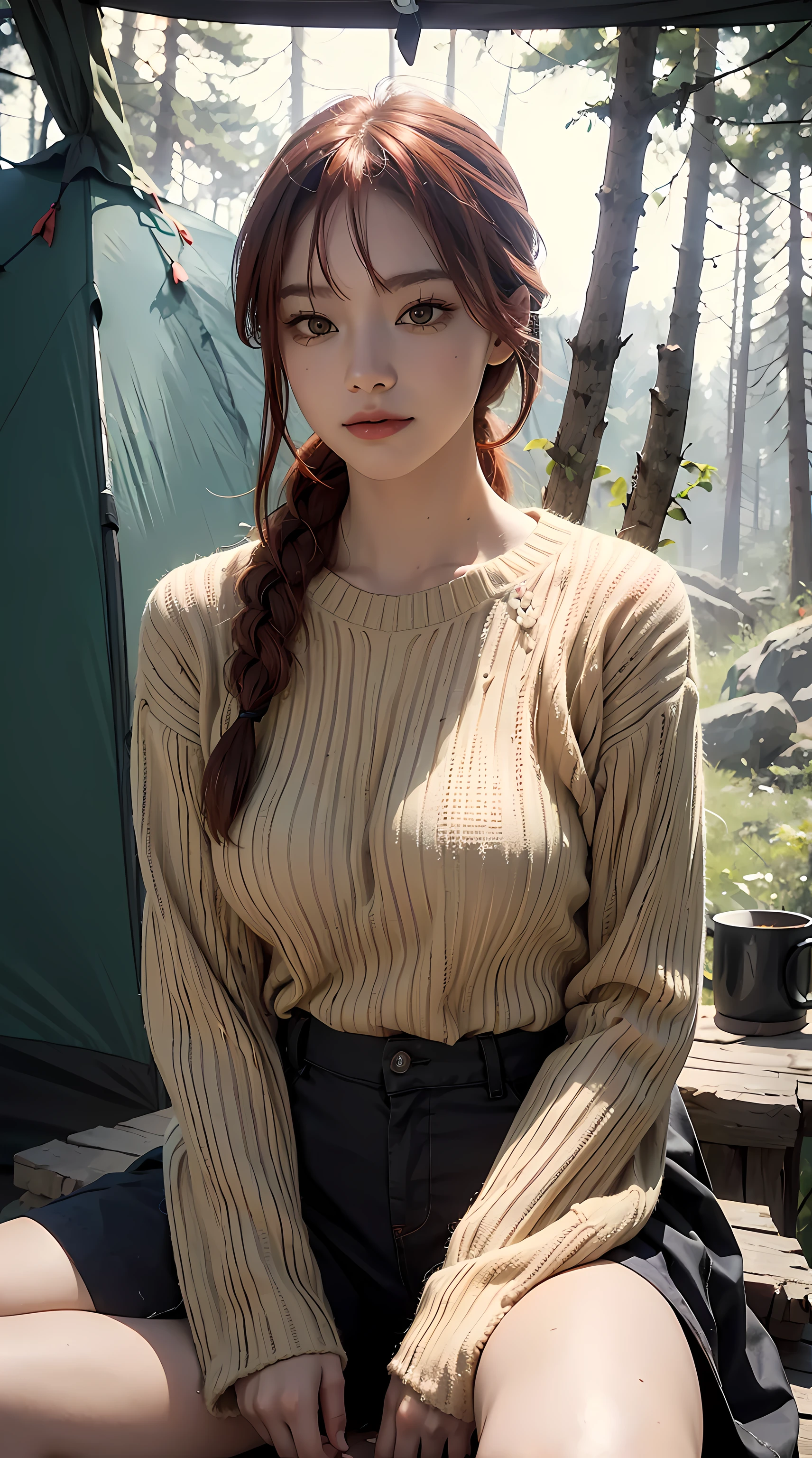 makima \(chainsaw man\), red hair, braided hair, yellow eyes, sitting on a log, beautiful, beautiful woman, perfect body, perfect breasts, wearing a sweater, in the forest, camping, camping tent, trees, night, nighttime, campfire, looking at the viewer, slight smile, realism, masterpiece, textured skin, super detail, high detail, high quality, best quality, 1080p, 16k