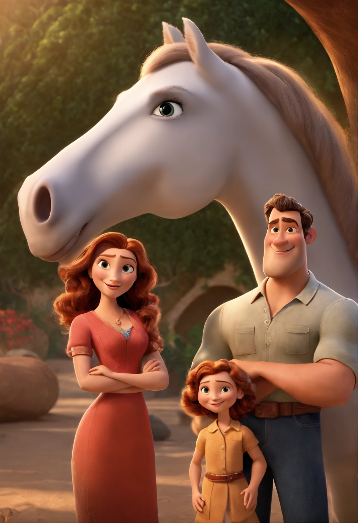 a Disney Pixar movie poster showing a white-skinned family. The father is the tallest, Tem barba curta, loiro, cabelos curtos e espinhosos. The mother has brown eyes and hair, shoulder-length and is slightly overweight. A tem 4 anos e cabelos castanhos, roupa rosa e rabos de cavalo. The background is a beach garden. 3D-rendering