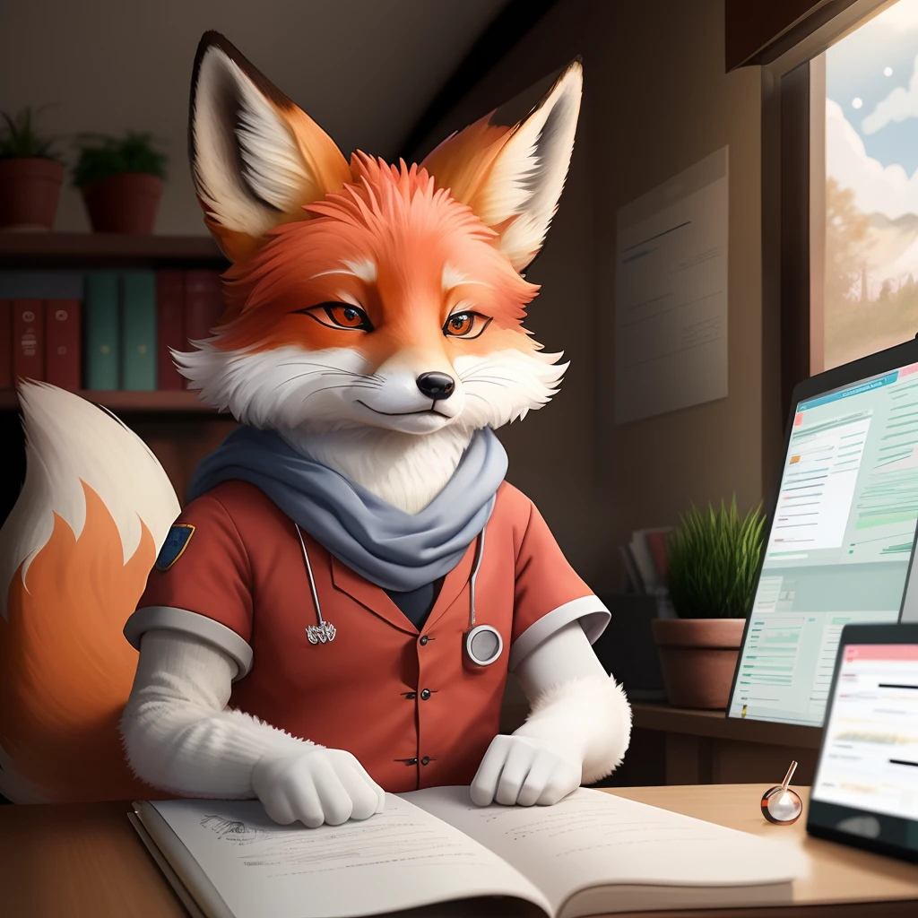 Il y a un renard de dessin animé assis à un bureau avec un ordinateur portable, Renard en blouse de laboratoire, Un gars renard en blouse de laboratoire, renard à l’air sévère dans une blouse de laboratoire, Portrait d’un renard anthropologue, Scientifique Renard, Un renard anthropologue, Renard anthropomorphe, Renard numérique, Commission des hautes résolutions, Commission sur la furaffinité, tonique le renard