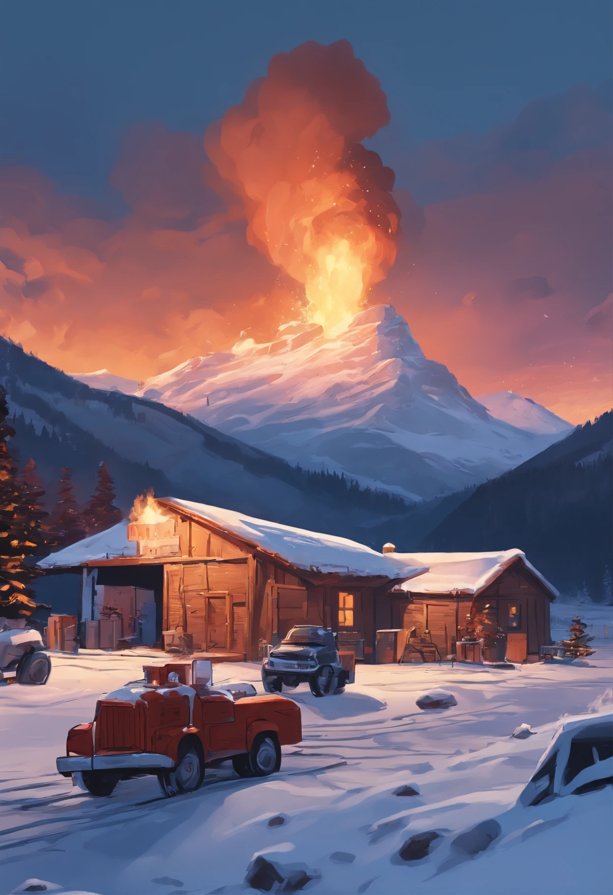 In the middle of the night,Surrounded by snow-capped mountains,A supply station is on fire,Epic composition,Fantastic scene,Comic style