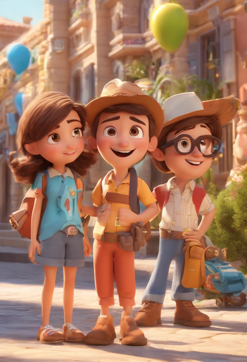 Cartoon of friends having fun on vacation together, 3D Animation Movie Poster, Poster de filme animado, pixar 3 d animation style, pixar renderman rendering, maia 8 mil, animated film, Disney Pixar Estilo 3D, amigos felizes saem juntos, all wearing light blue shirts and cream brown long pants, camisa azul clara, cream brown pants, ao ar livre, vacation, Disney Pixar Animation Poster