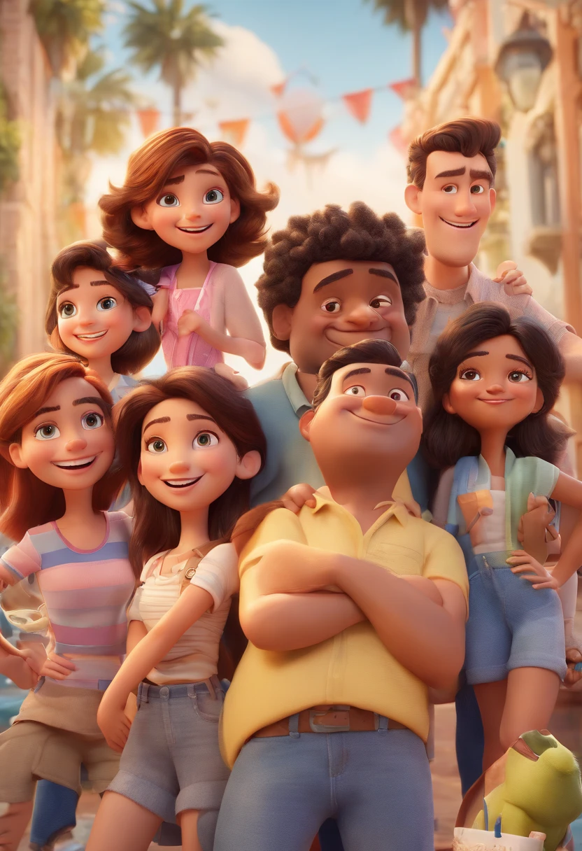 Cartoon of friends having fun on vacation together, 3D Animation Movie Poster, Poster de filme animado, pixar 3 d animation style, pixar renderman rendering, maia 8 mil, animated film, Disney Pixar Estilo 3D, amigos felizes saem juntos, all wearing light blue shirts and cream brown long pants, camisa azul clara, cream brown pants, ao ar livre, vacation, Disney Pixar Animation Poster