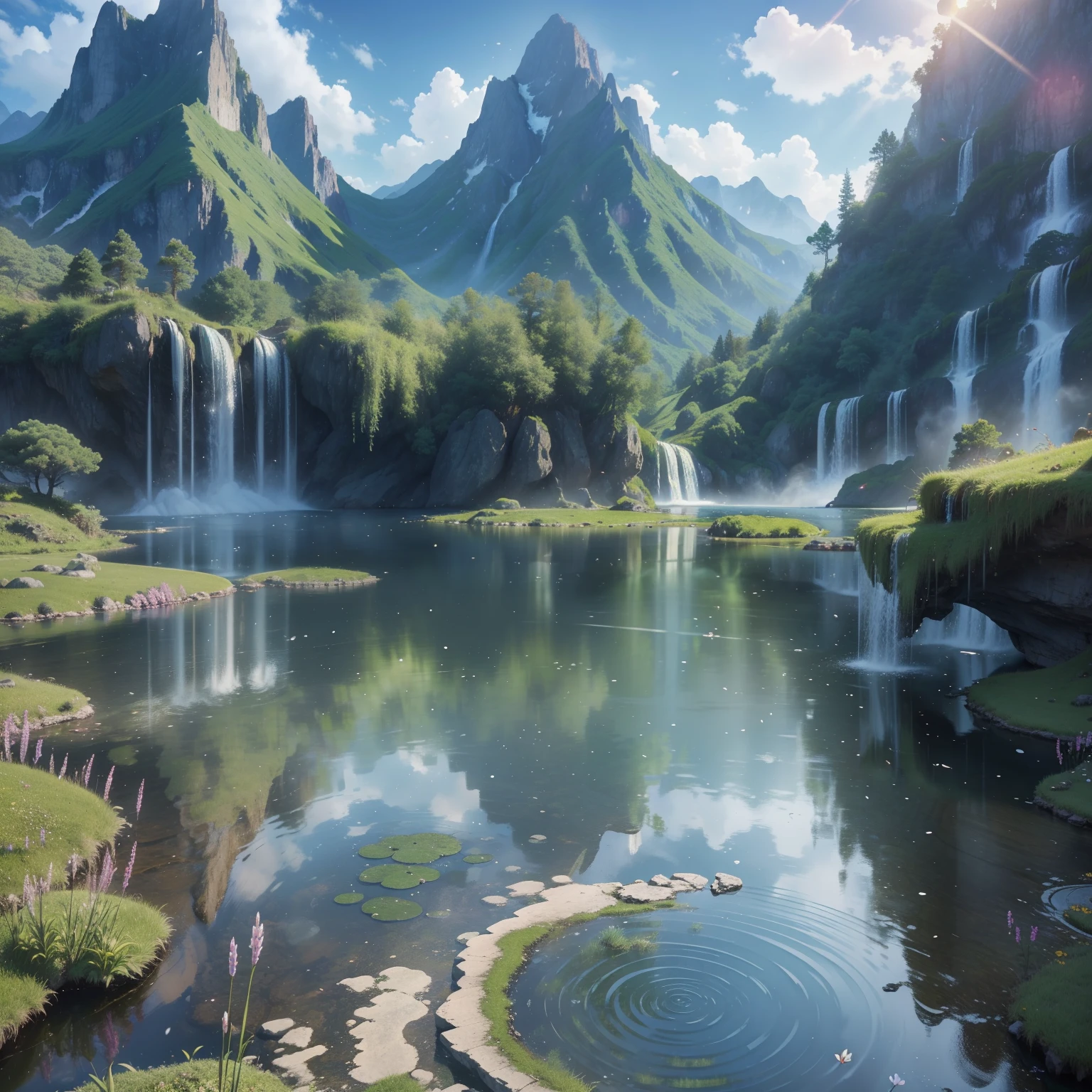 Backround, Photograph of a stunning landscape, Wuxiaworld, pond, The waterfall descends from the top of the mountain, the panorama, Ray Tracing, reflection light, polar opposites, 8K, Masterpiece, Best Quality, hiquality, High Details, super detaill, hight resolution, UHD