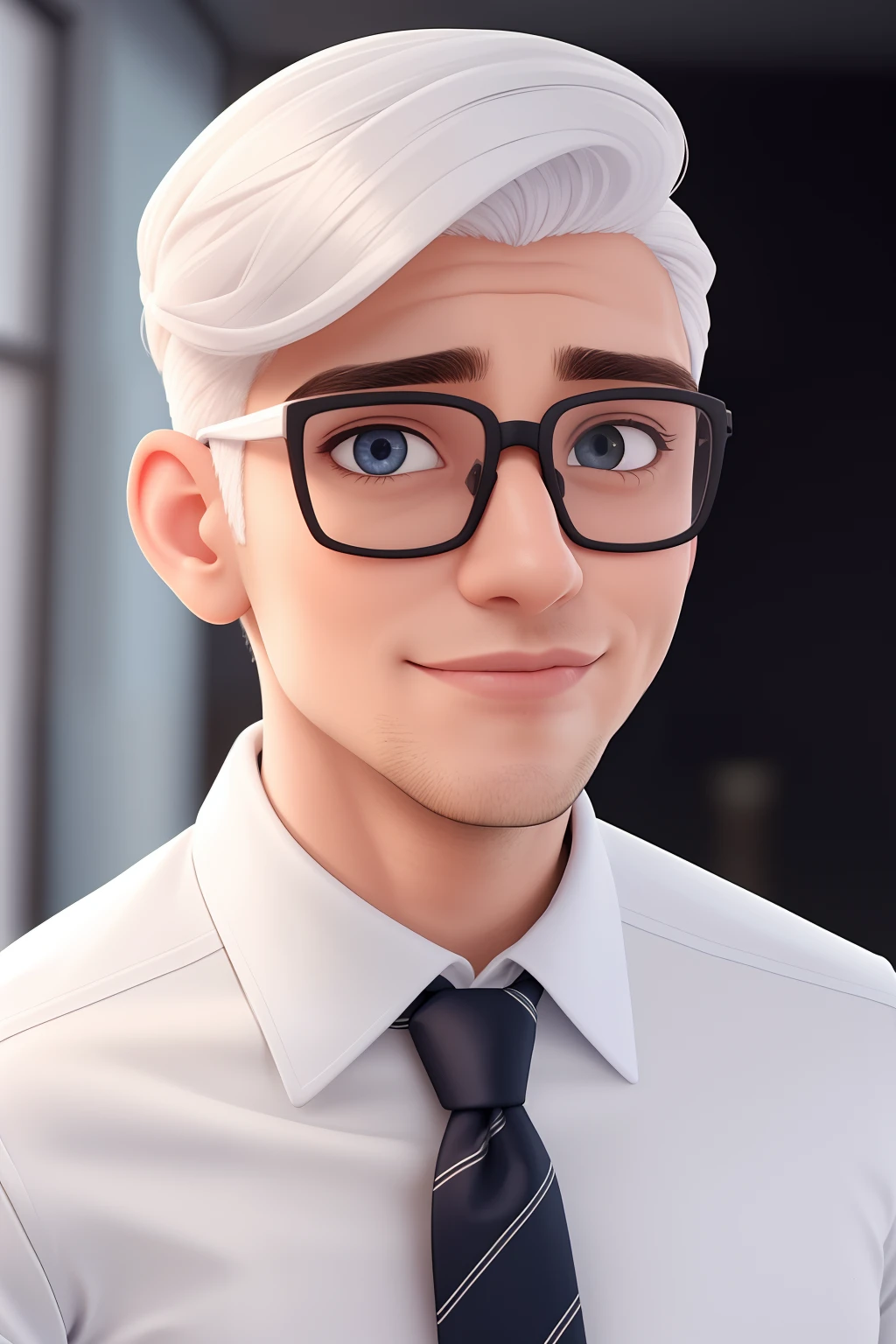 Um homem de 30 anos, com cabelos castanhos curtos,face de diamante, olhar rigoroso, e olhos castanhos, Wearing white white shirt with tie and glasses.