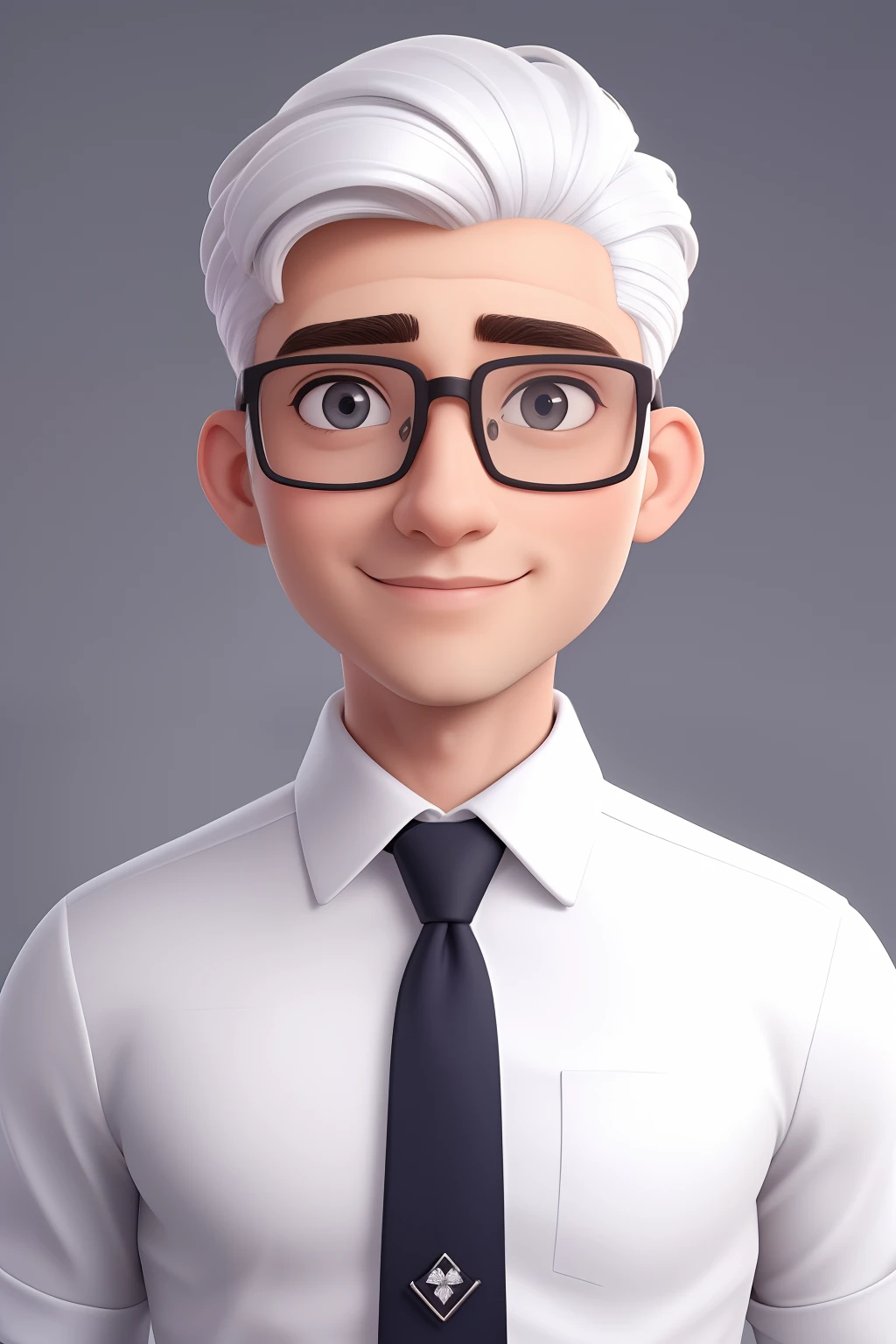 Um homem de 30 anos, com cabelos castanhos curtos,face de diamante, olhar rigoroso, e olhos castanhos, Wearing white white shirt with tie and glasses.