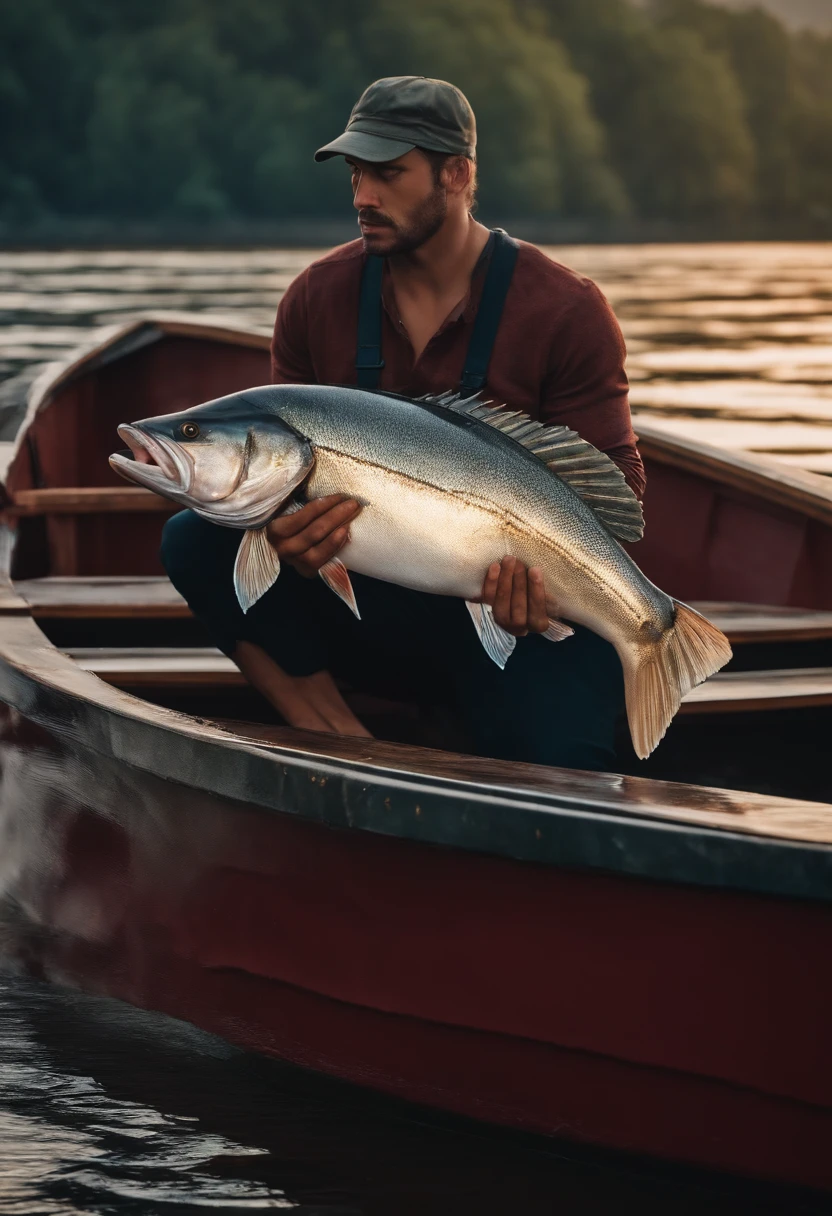 Desenhe um homem alto, cap, Inside a boat holding a sea bass in his hands